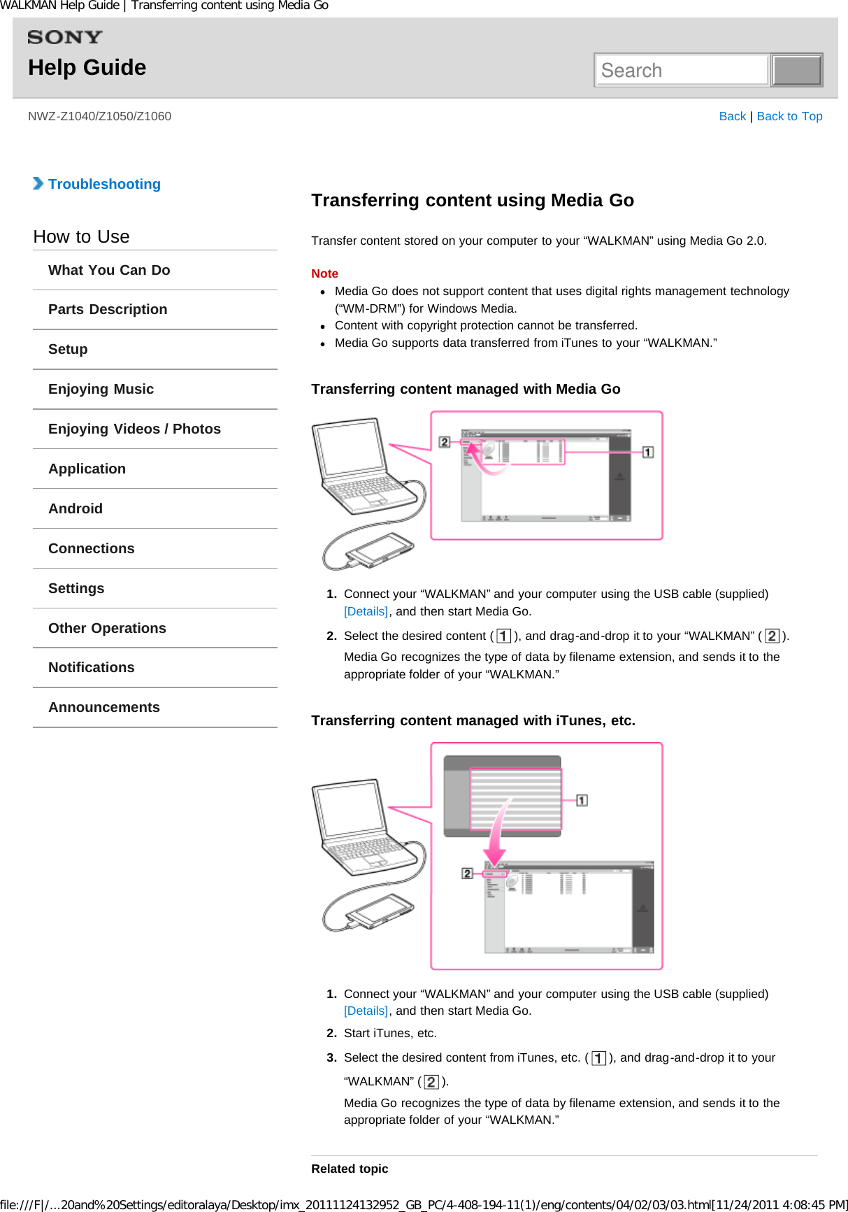 Page 174 of Sony NWZZ1000 Digital Media Player User Manual WALKMAN Help Guide   Top page