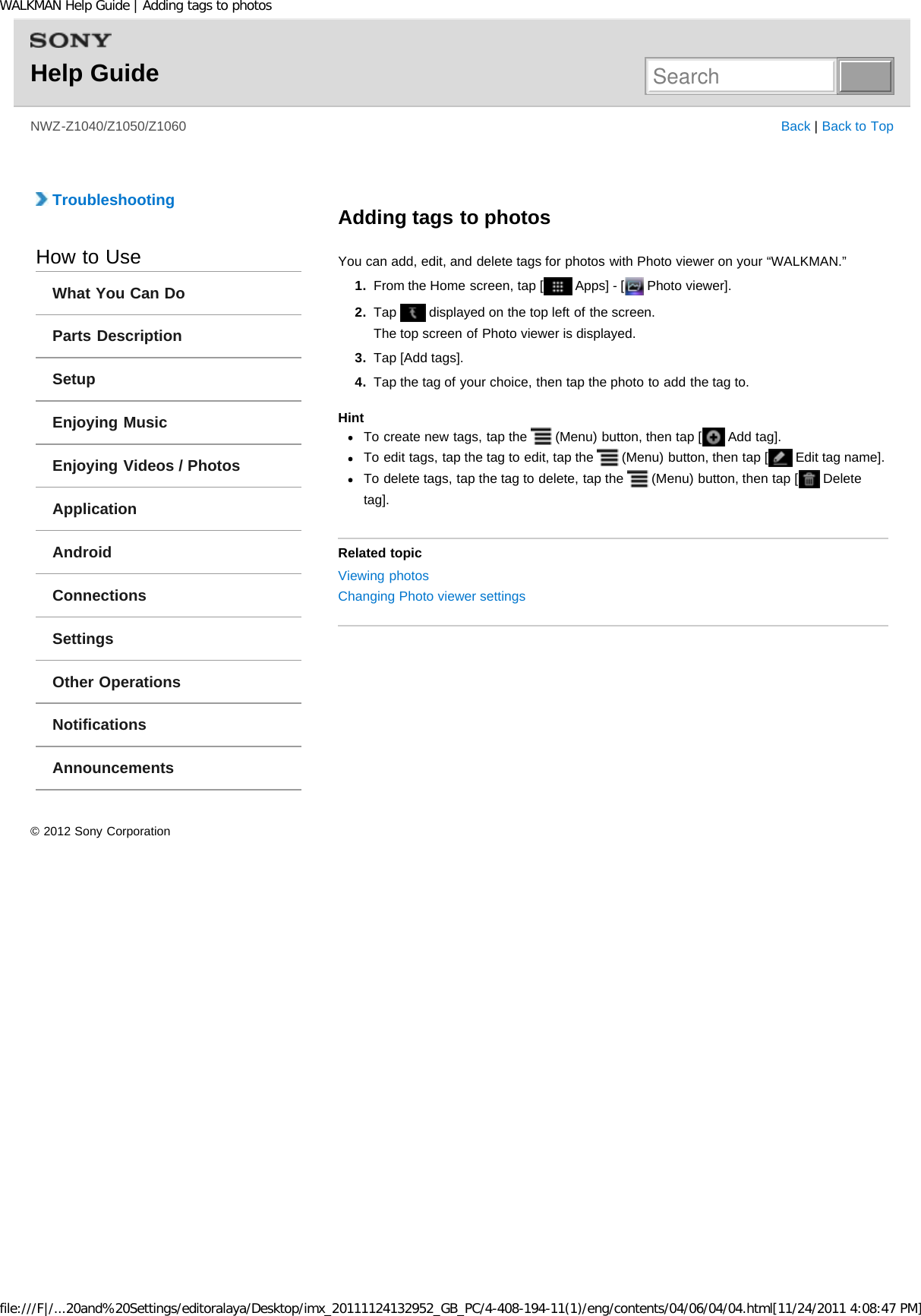 Page 177 of Sony NWZZ1000 Digital Media Player User Manual WALKMAN Help Guide   Top page