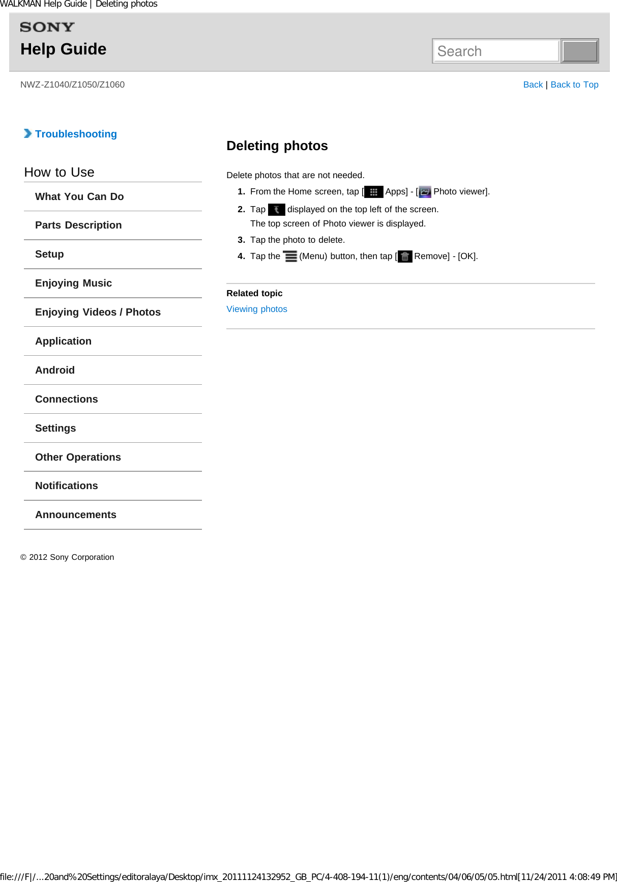 Page 179 of Sony NWZZ1000 Digital Media Player User Manual WALKMAN Help Guide   Top page