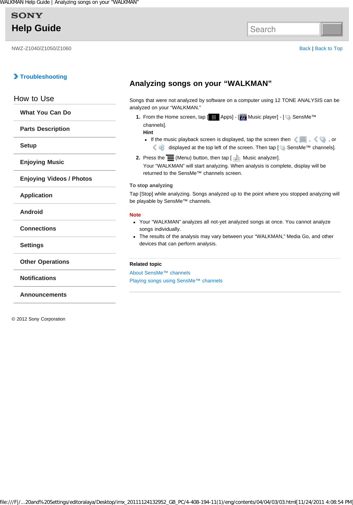 Page 184 of Sony NWZZ1000 Digital Media Player User Manual WALKMAN Help Guide   Top page