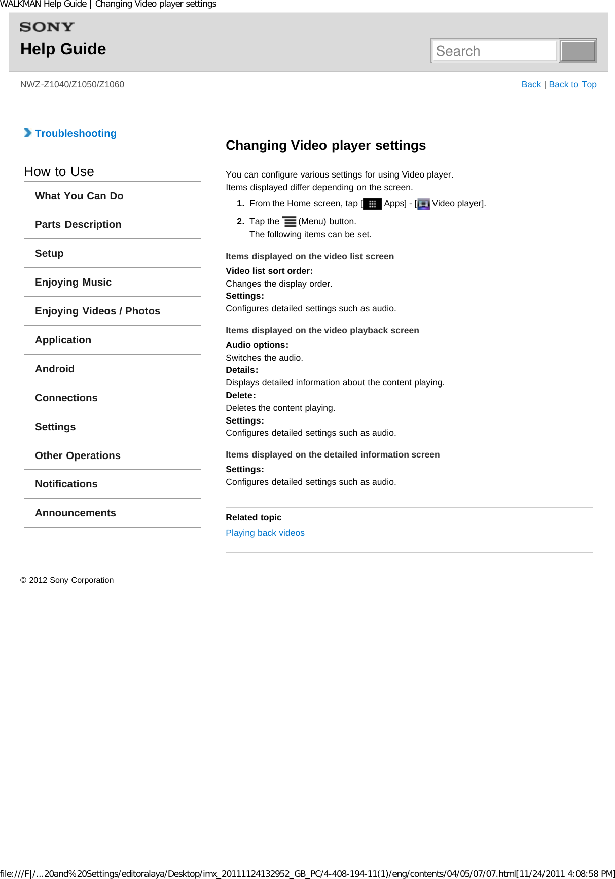 Page 188 of Sony NWZZ1000 Digital Media Player User Manual WALKMAN Help Guide   Top page