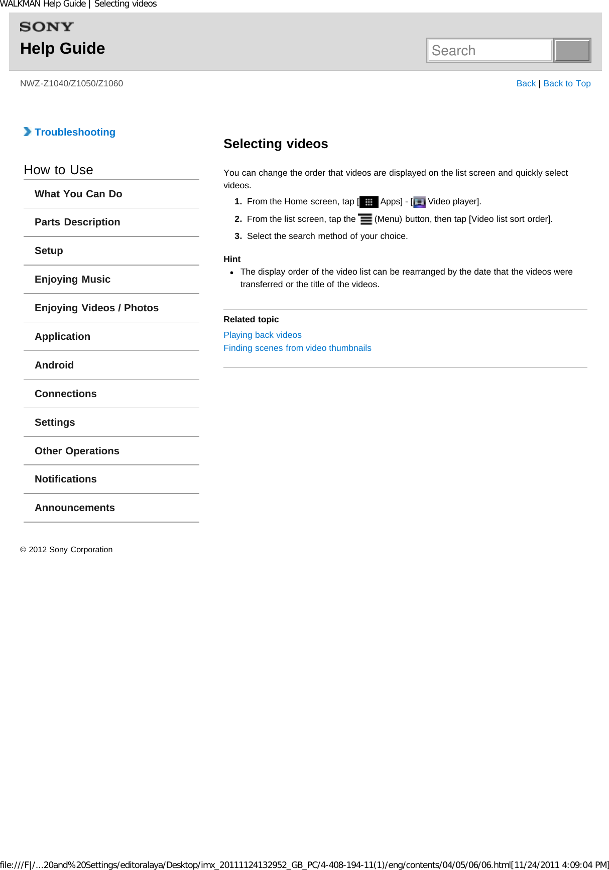 Page 194 of Sony NWZZ1000 Digital Media Player User Manual WALKMAN Help Guide   Top page