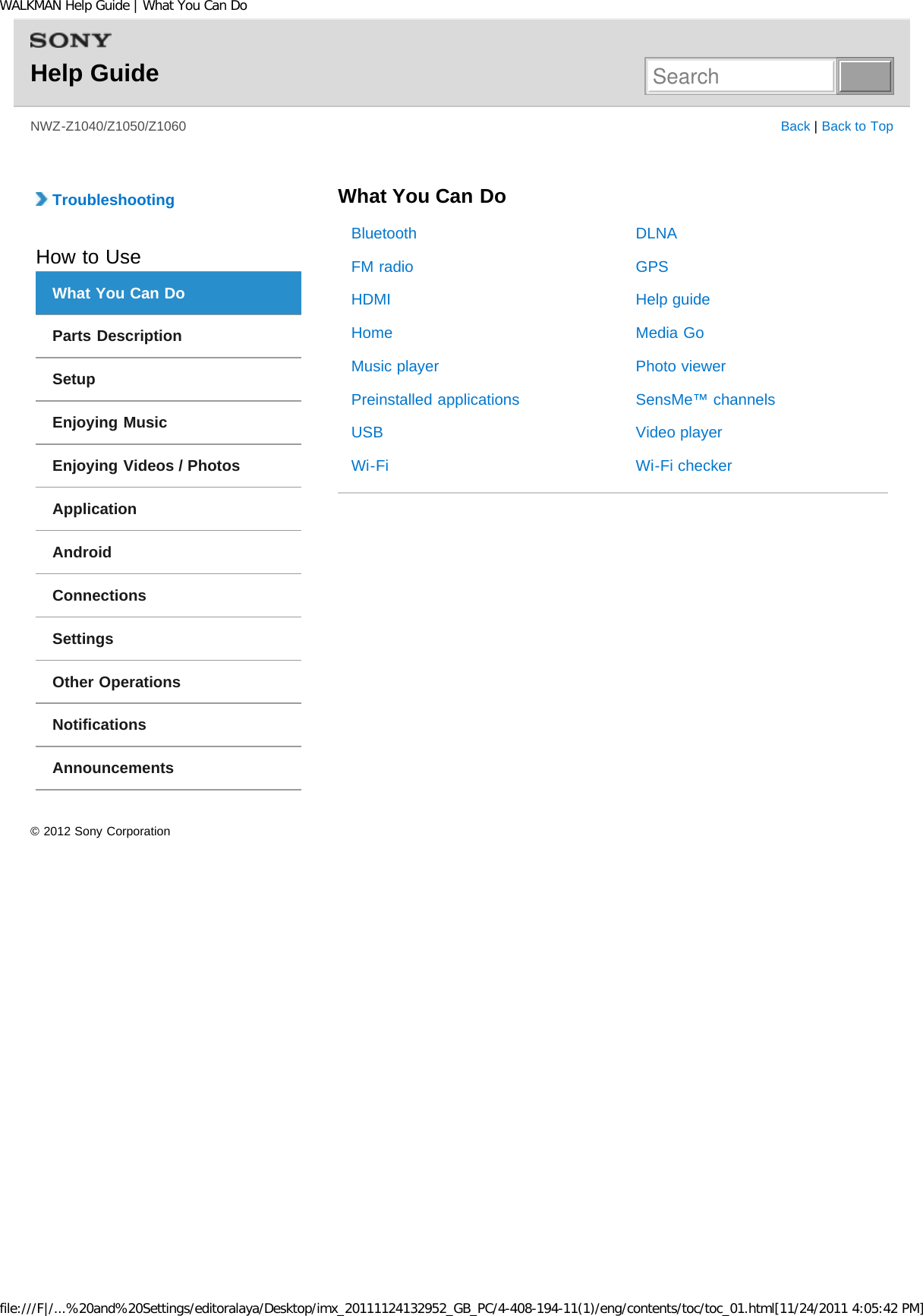 Page 2 of Sony NWZZ1000 Digital Media Player User Manual WALKMAN Help Guide   Top page