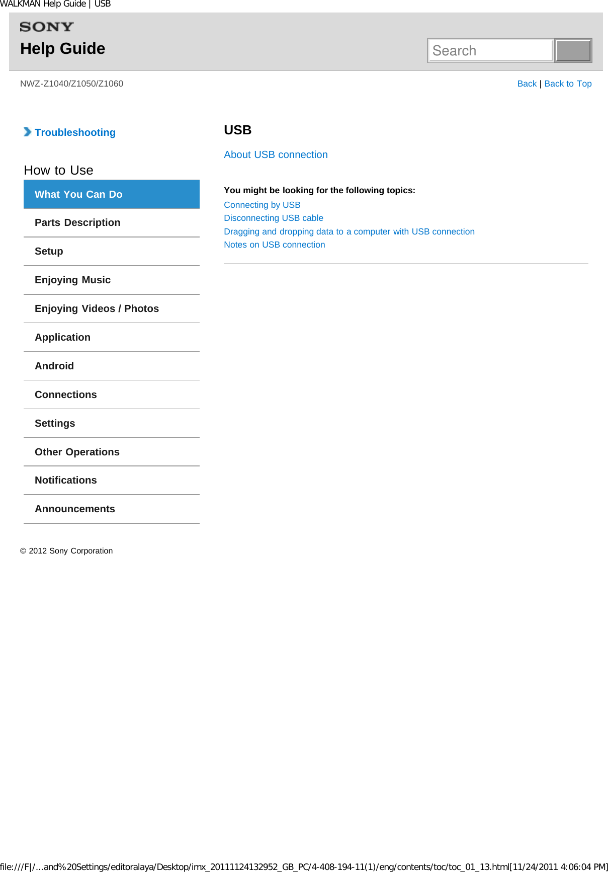 Page 22 of Sony NWZZ1000 Digital Media Player User Manual WALKMAN Help Guide   Top page