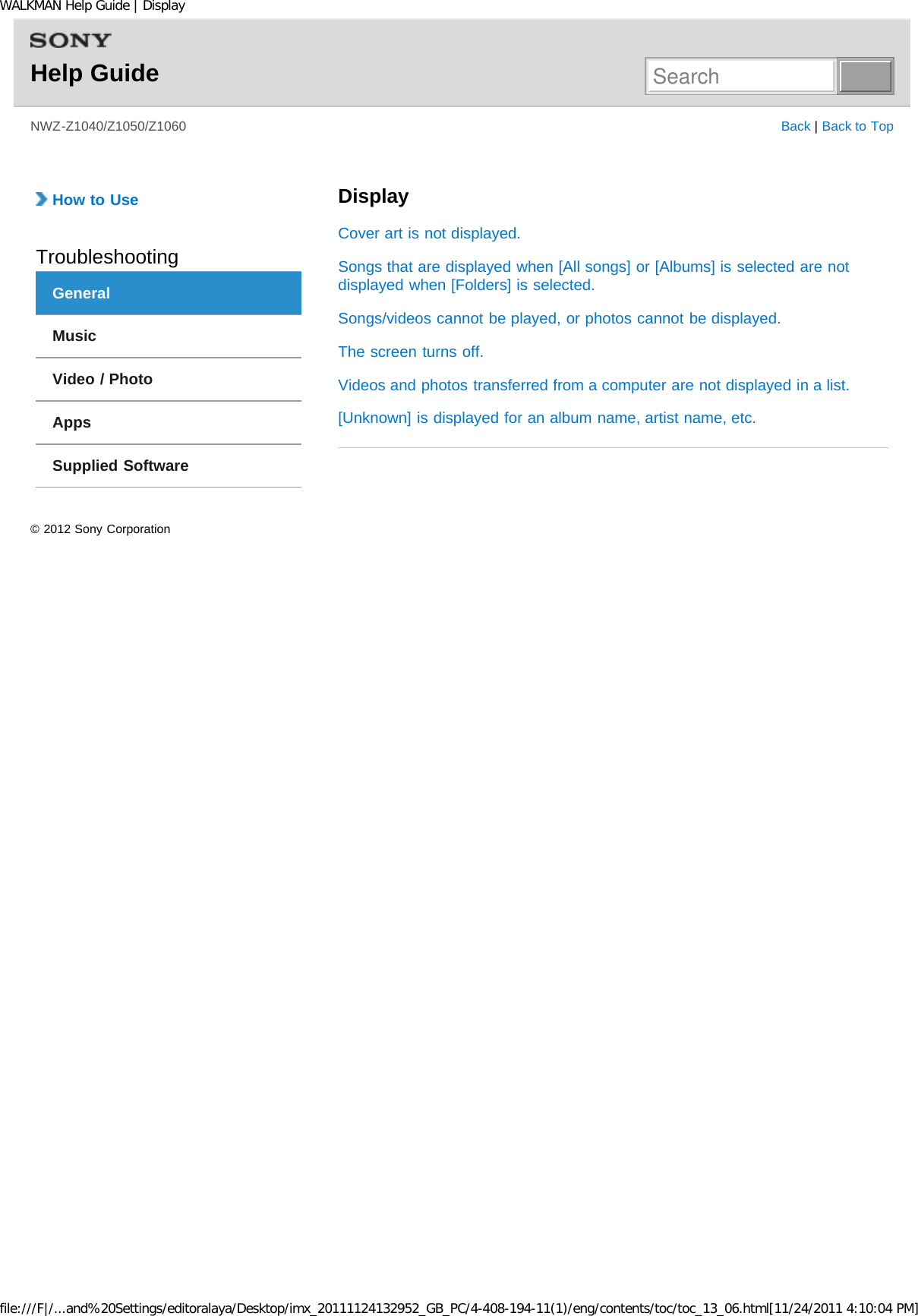 Page 258 of Sony NWZZ1000 Digital Media Player User Manual WALKMAN Help Guide   Top page