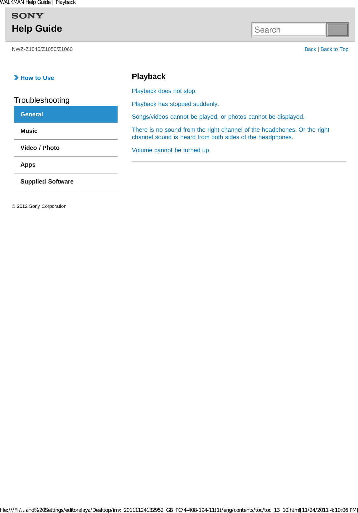 Page 260 of Sony NWZZ1000 Digital Media Player User Manual WALKMAN Help Guide   Top page