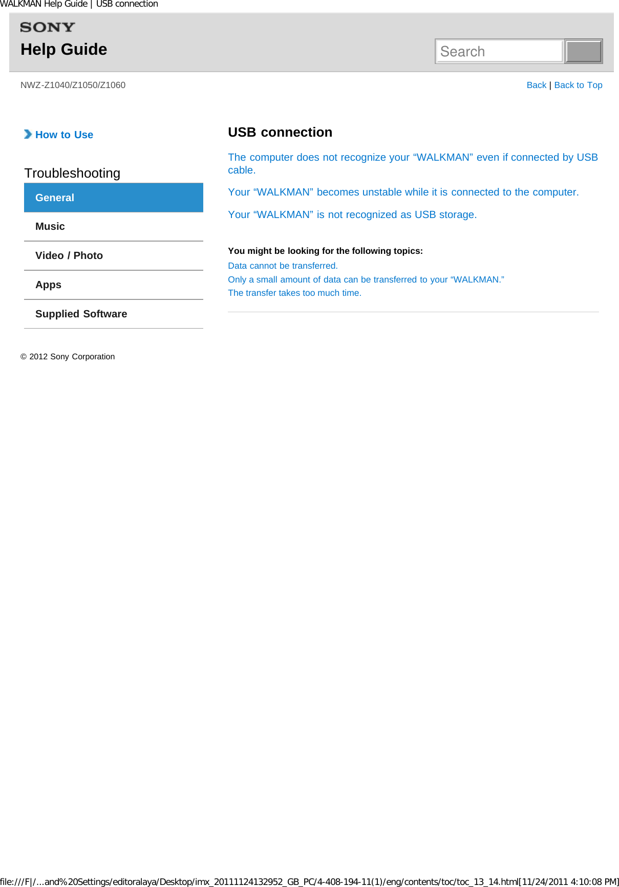 Page 262 of Sony NWZZ1000 Digital Media Player User Manual WALKMAN Help Guide   Top page