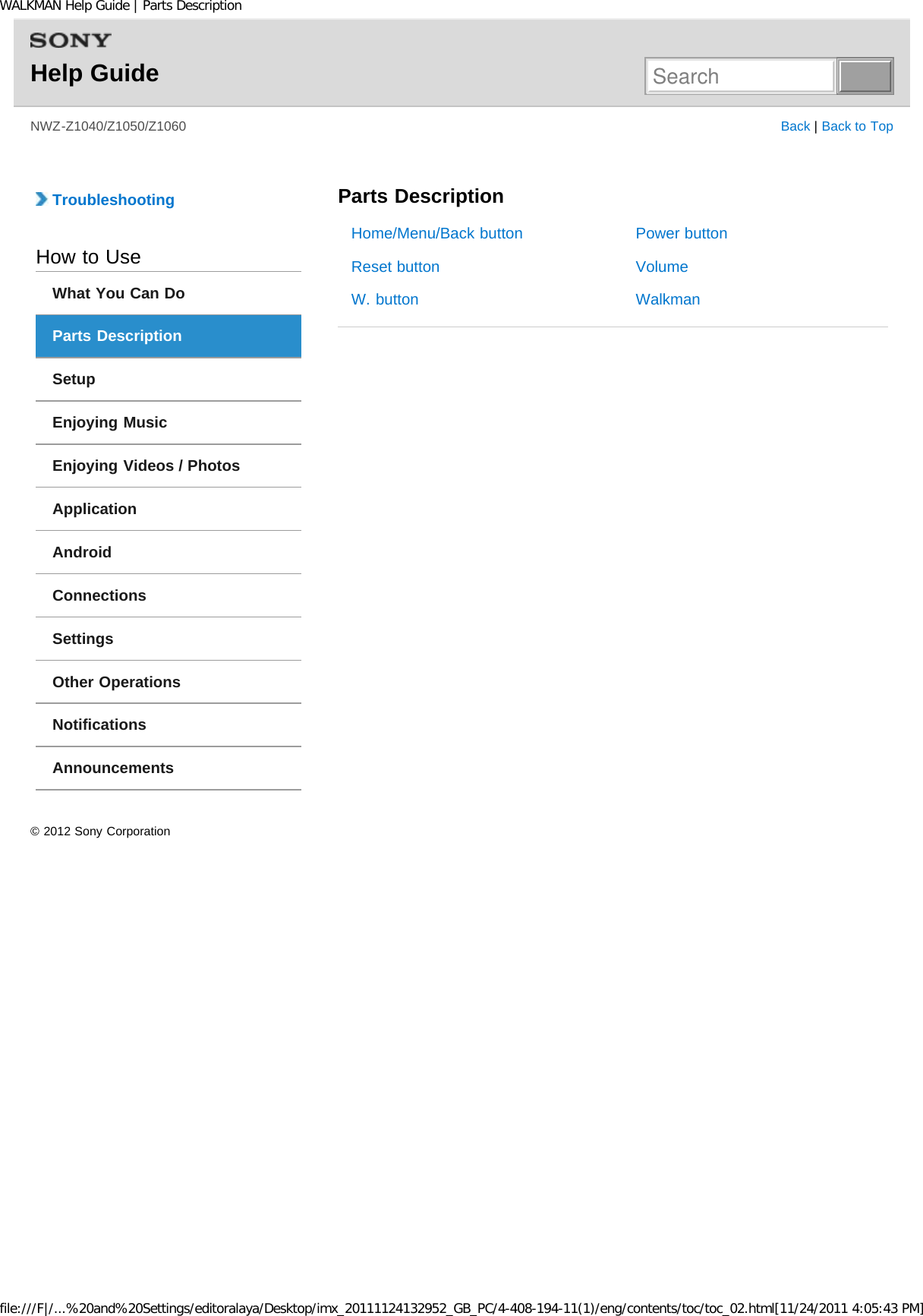 Page 3 of Sony NWZZ1000 Digital Media Player User Manual WALKMAN Help Guide   Top page