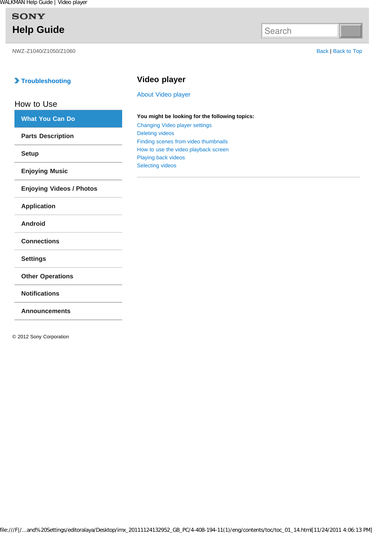 Page 30 of Sony NWZZ1000 Digital Media Player User Manual WALKMAN Help Guide   Top page