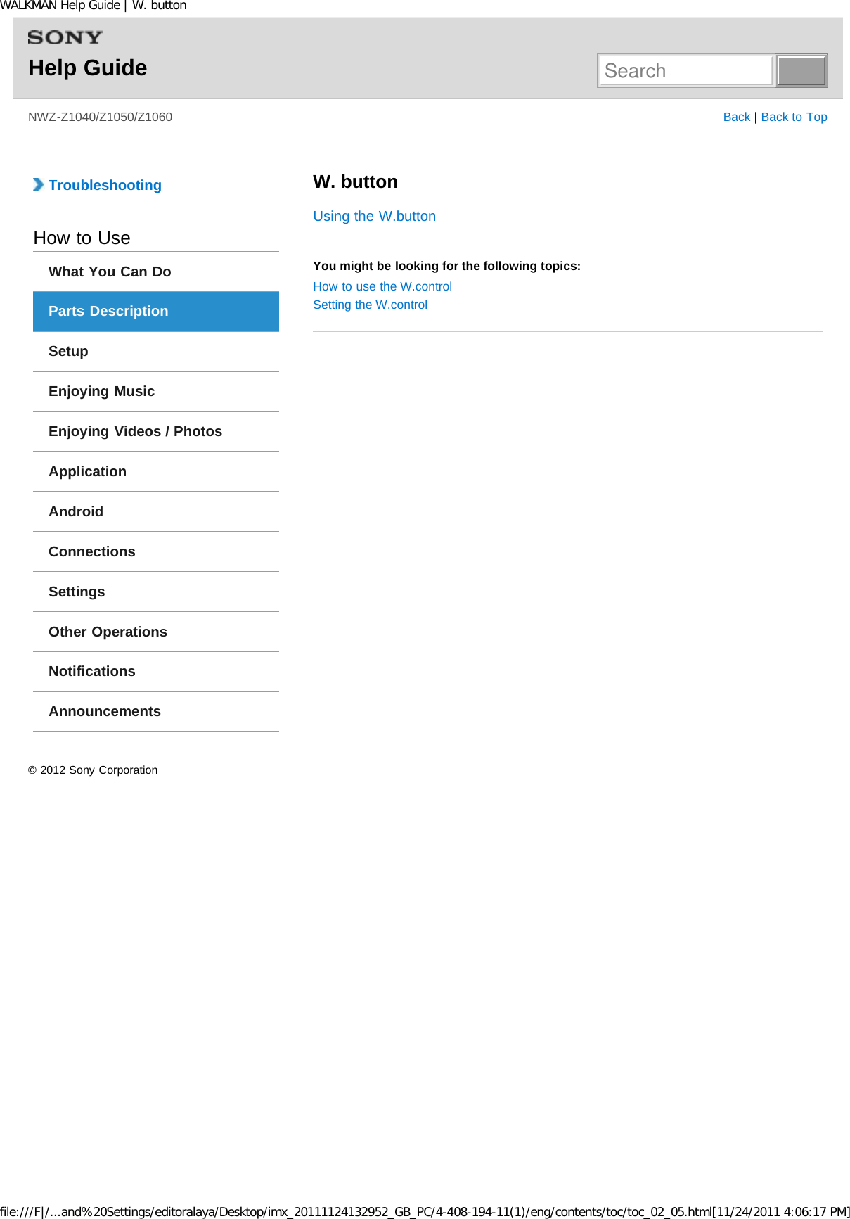 Page 34 of Sony NWZZ1000 Digital Media Player User Manual WALKMAN Help Guide   Top page