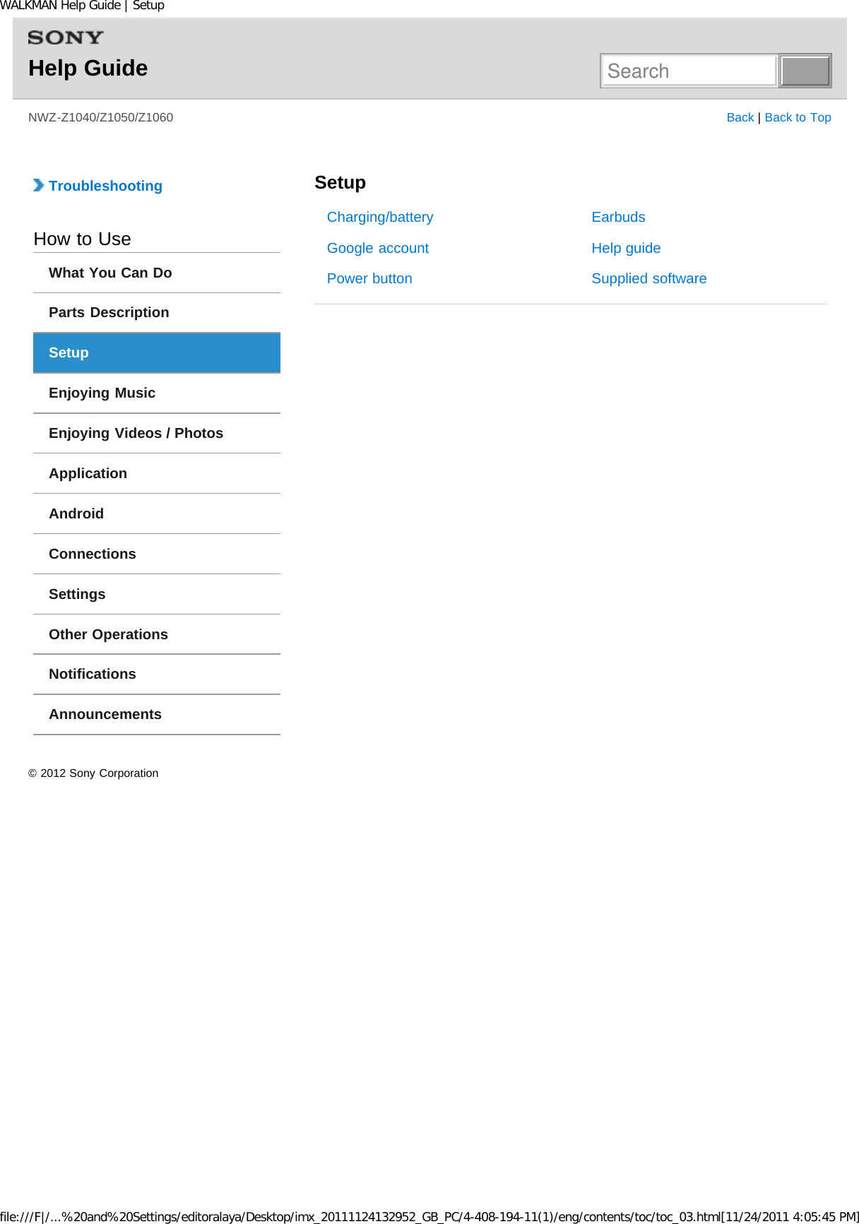 Page 4 of Sony NWZZ1000 Digital Media Player User Manual WALKMAN Help Guide   Top page