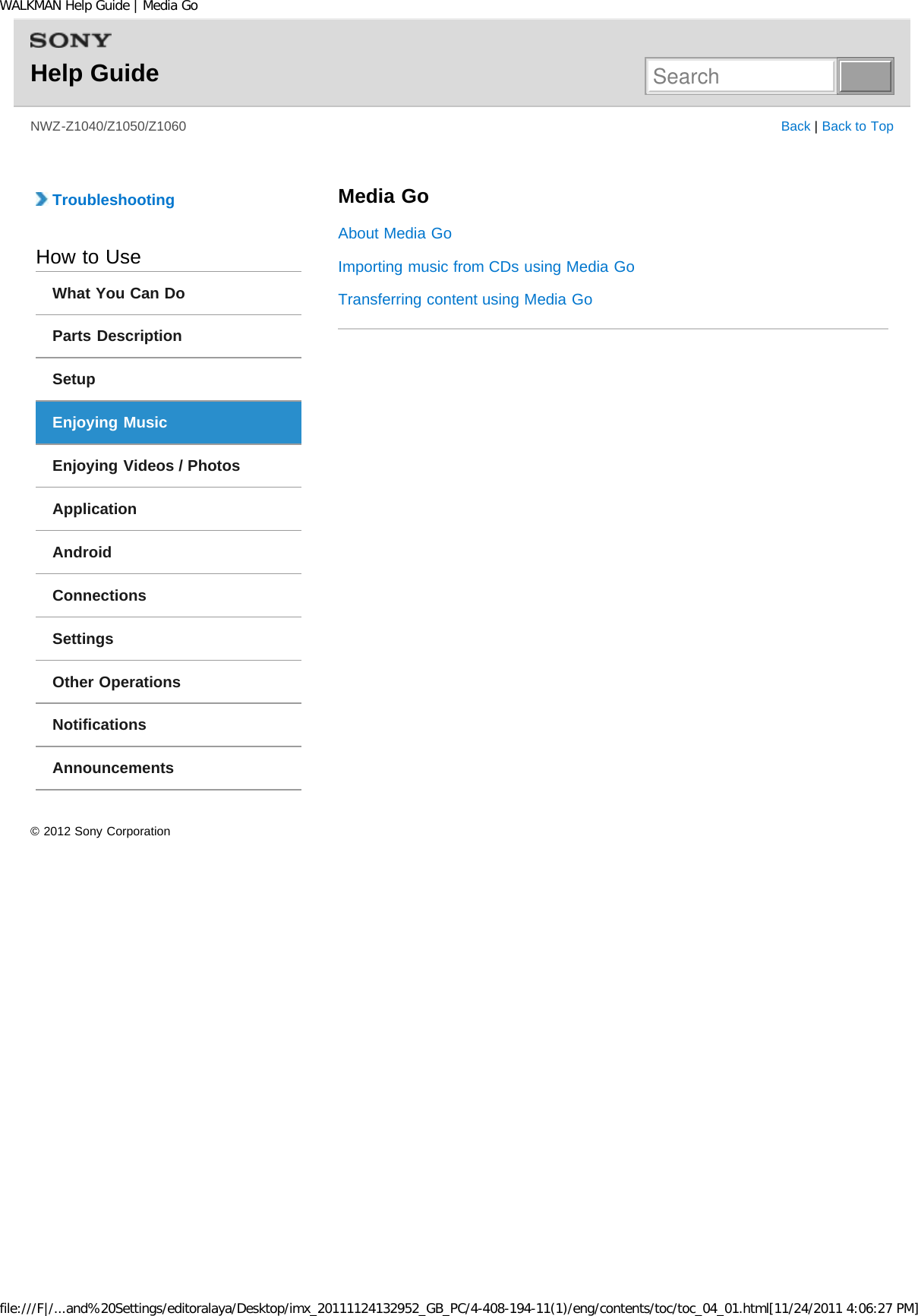 Page 44 of Sony NWZZ1000 Digital Media Player User Manual WALKMAN Help Guide   Top page