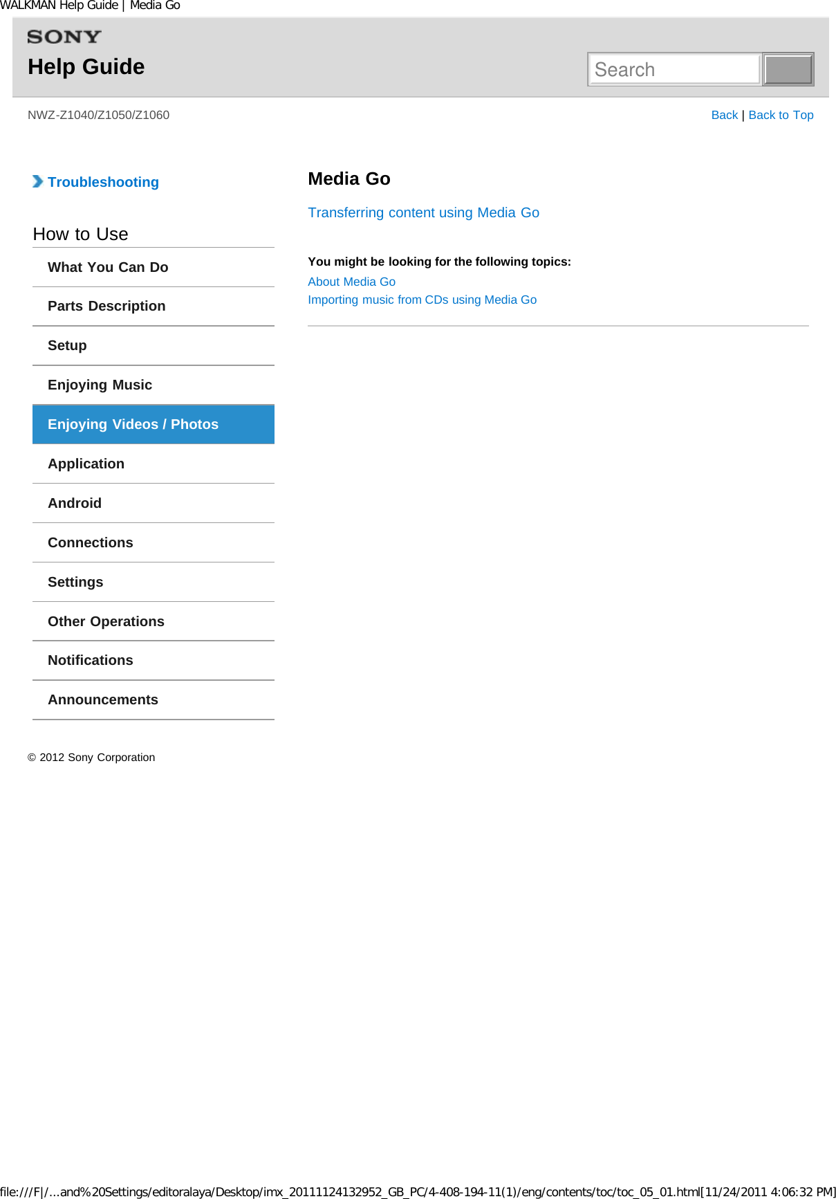 Page 48 of Sony NWZZ1000 Digital Media Player User Manual WALKMAN Help Guide   Top page