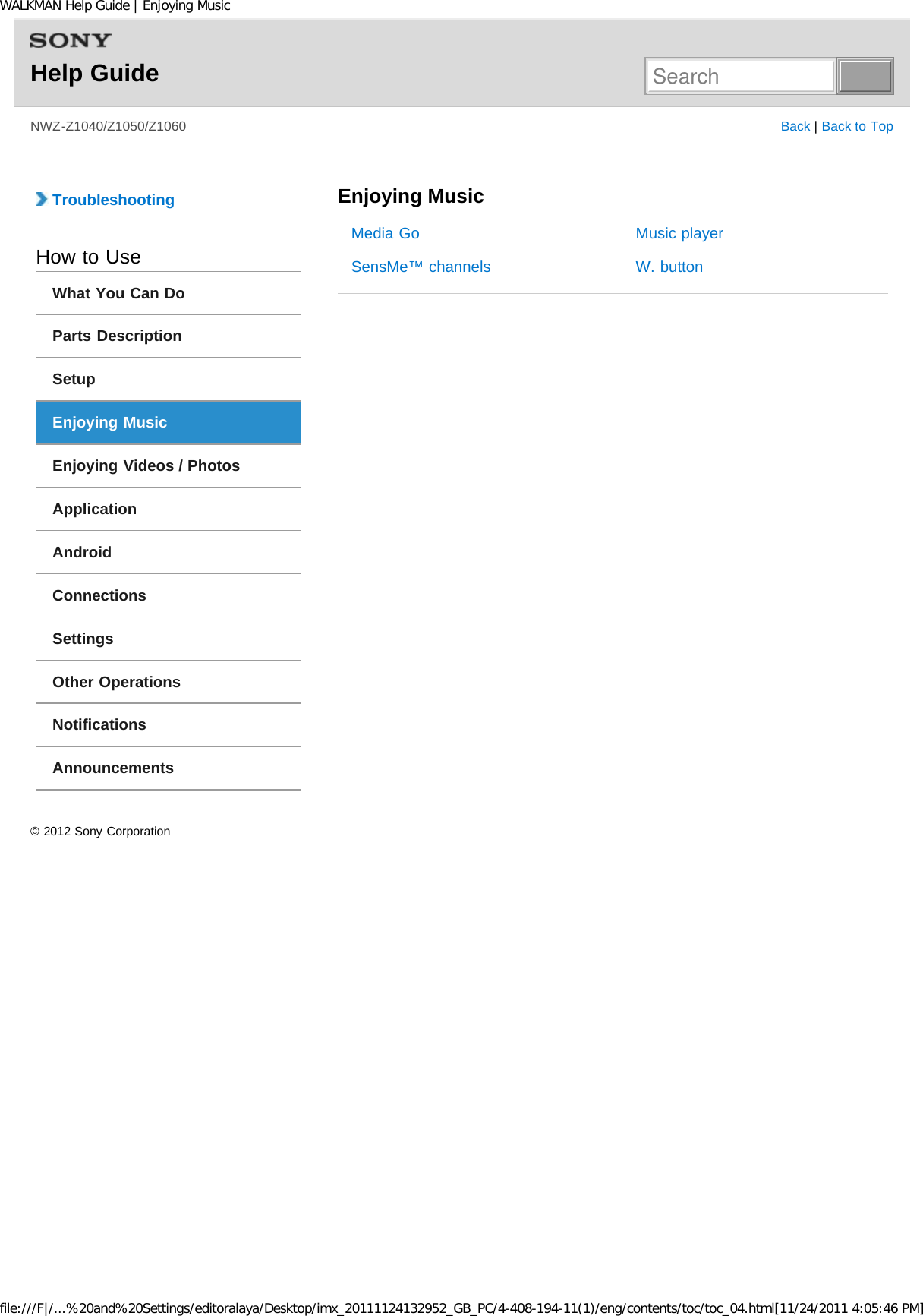 Page 5 of Sony NWZZ1000 Digital Media Player User Manual WALKMAN Help Guide   Top page