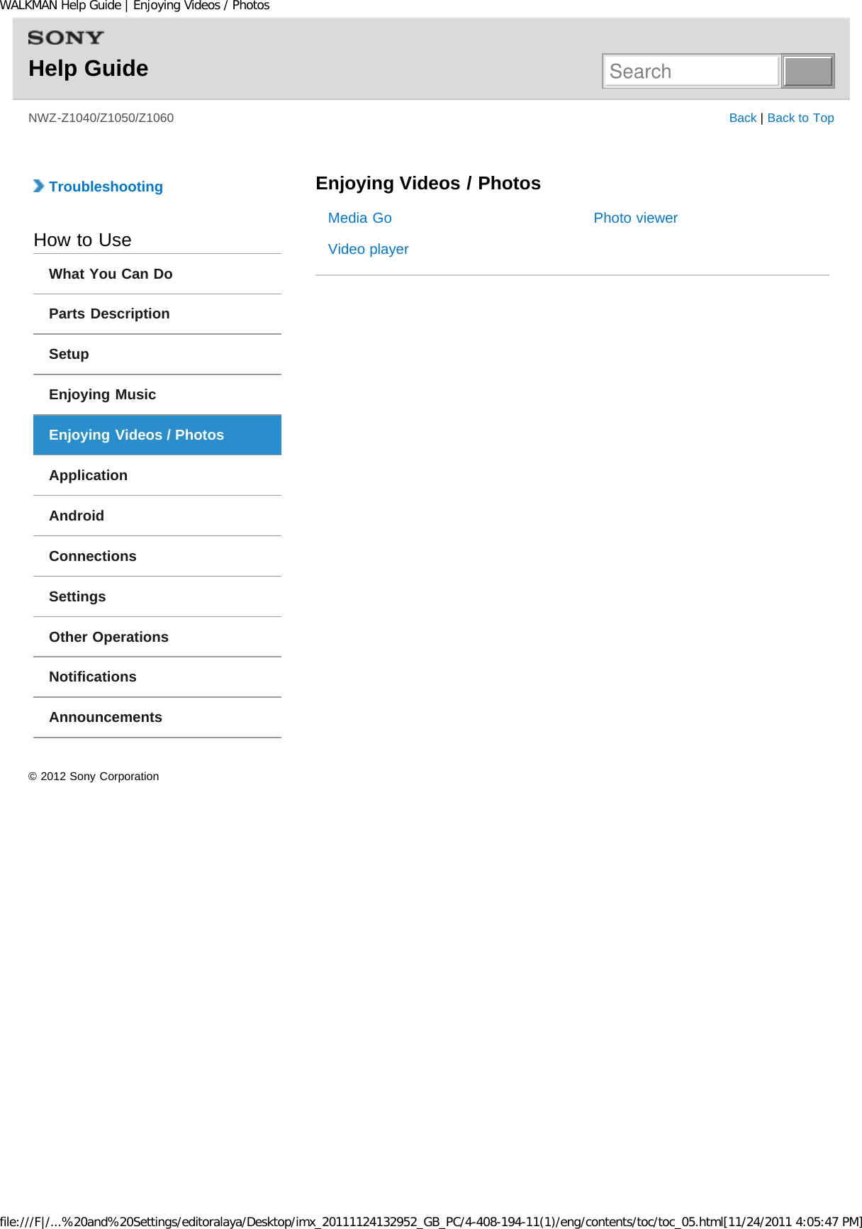 Page 6 of Sony NWZZ1000 Digital Media Player User Manual WALKMAN Help Guide   Top page