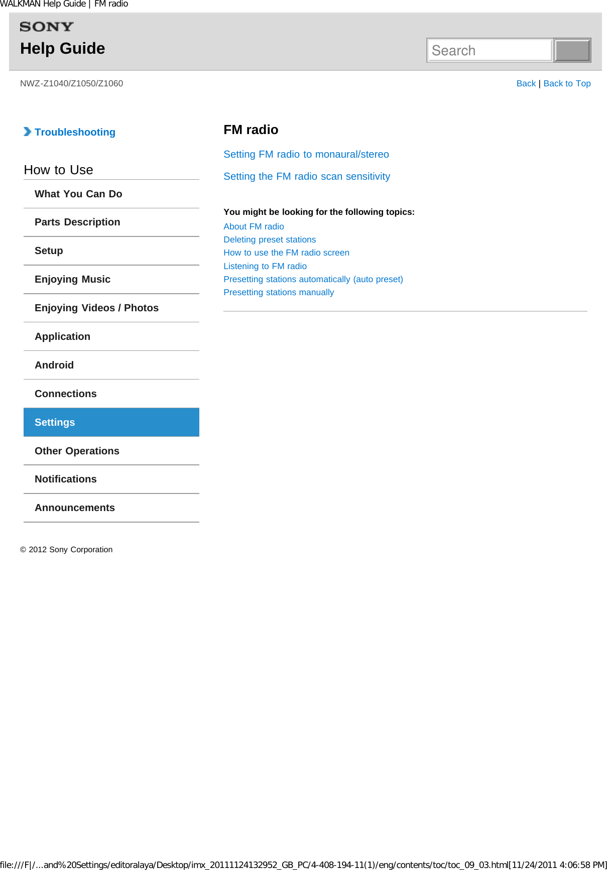 Page 73 of Sony NWZZ1000 Digital Media Player User Manual WALKMAN Help Guide   Top page