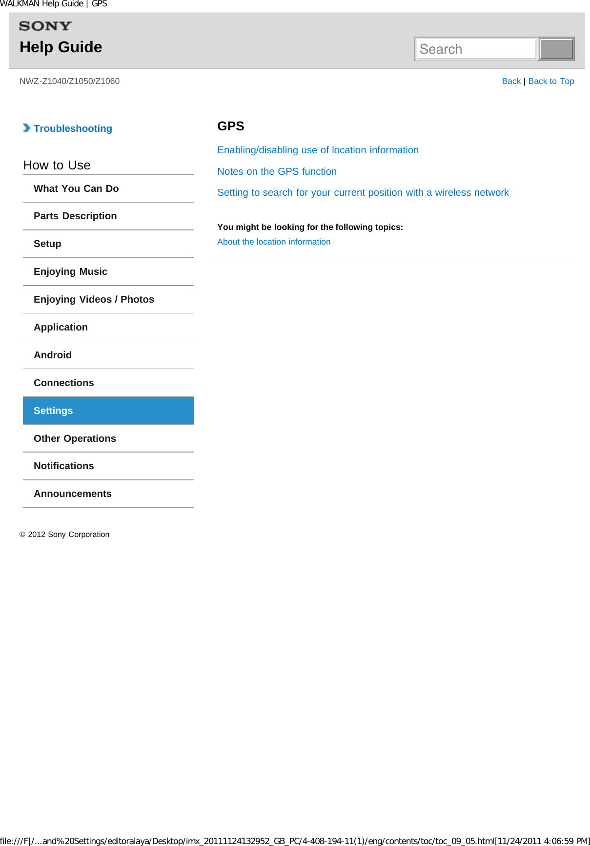 Page 74 of Sony NWZZ1000 Digital Media Player User Manual WALKMAN Help Guide   Top page