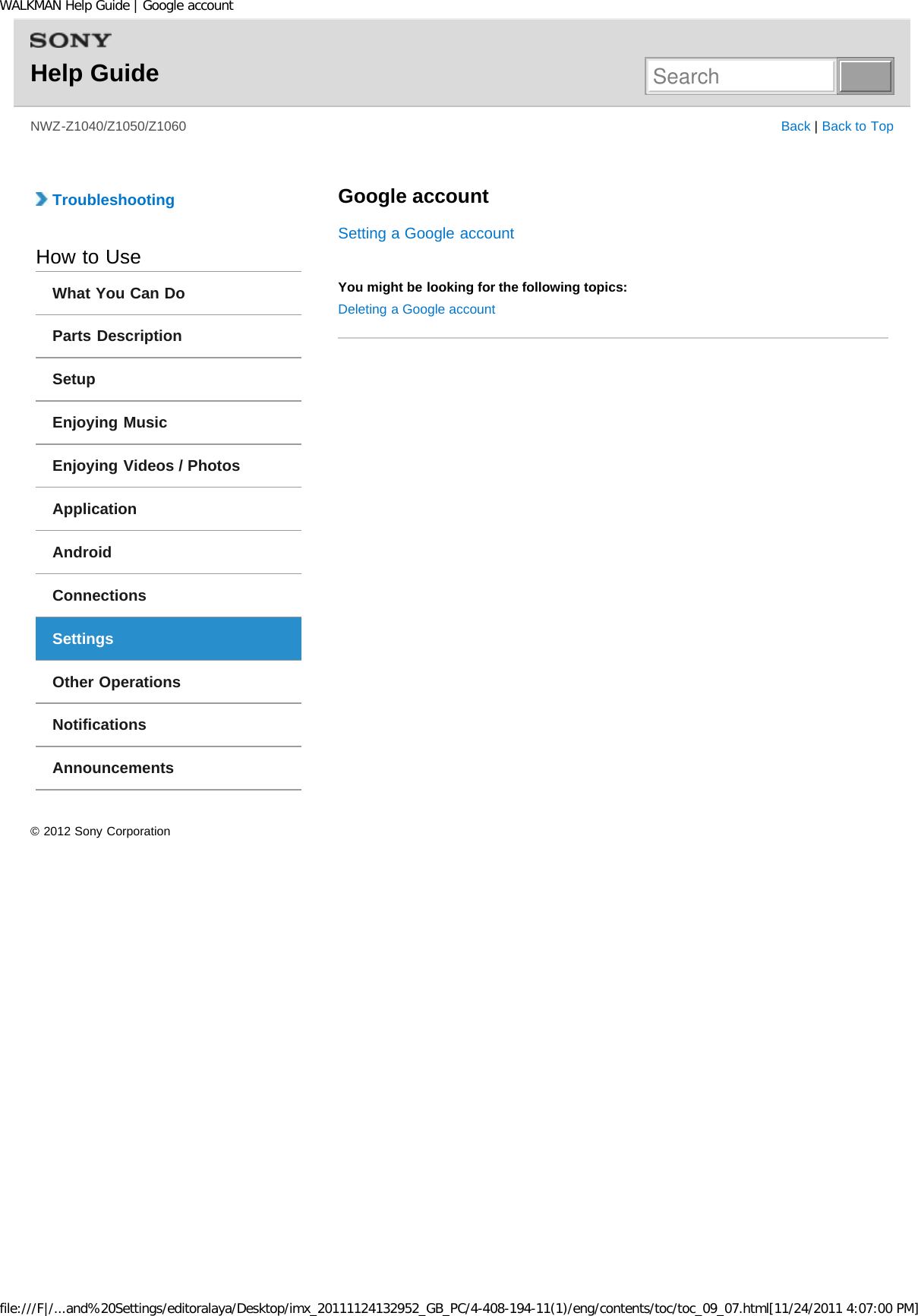 Page 75 of Sony NWZZ1000 Digital Media Player User Manual WALKMAN Help Guide   Top page