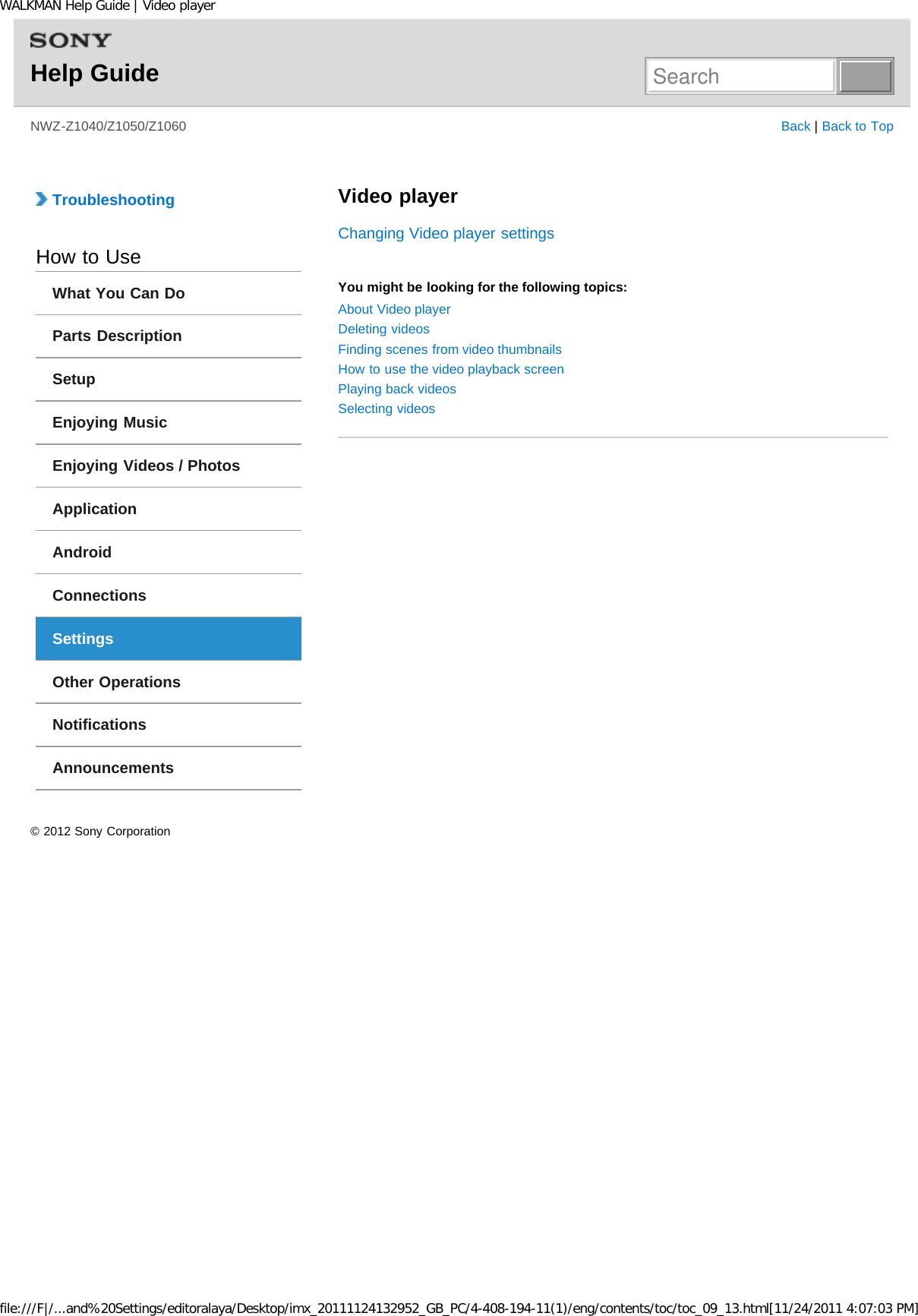 Page 78 of Sony NWZZ1000 Digital Media Player User Manual WALKMAN Help Guide   Top page