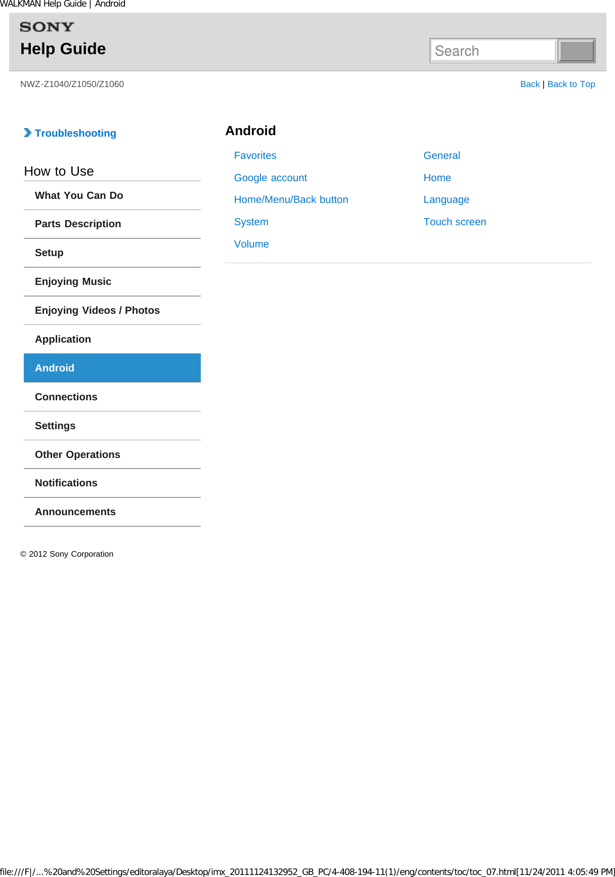 Page 8 of Sony NWZZ1000 Digital Media Player User Manual WALKMAN Help Guide   Top page