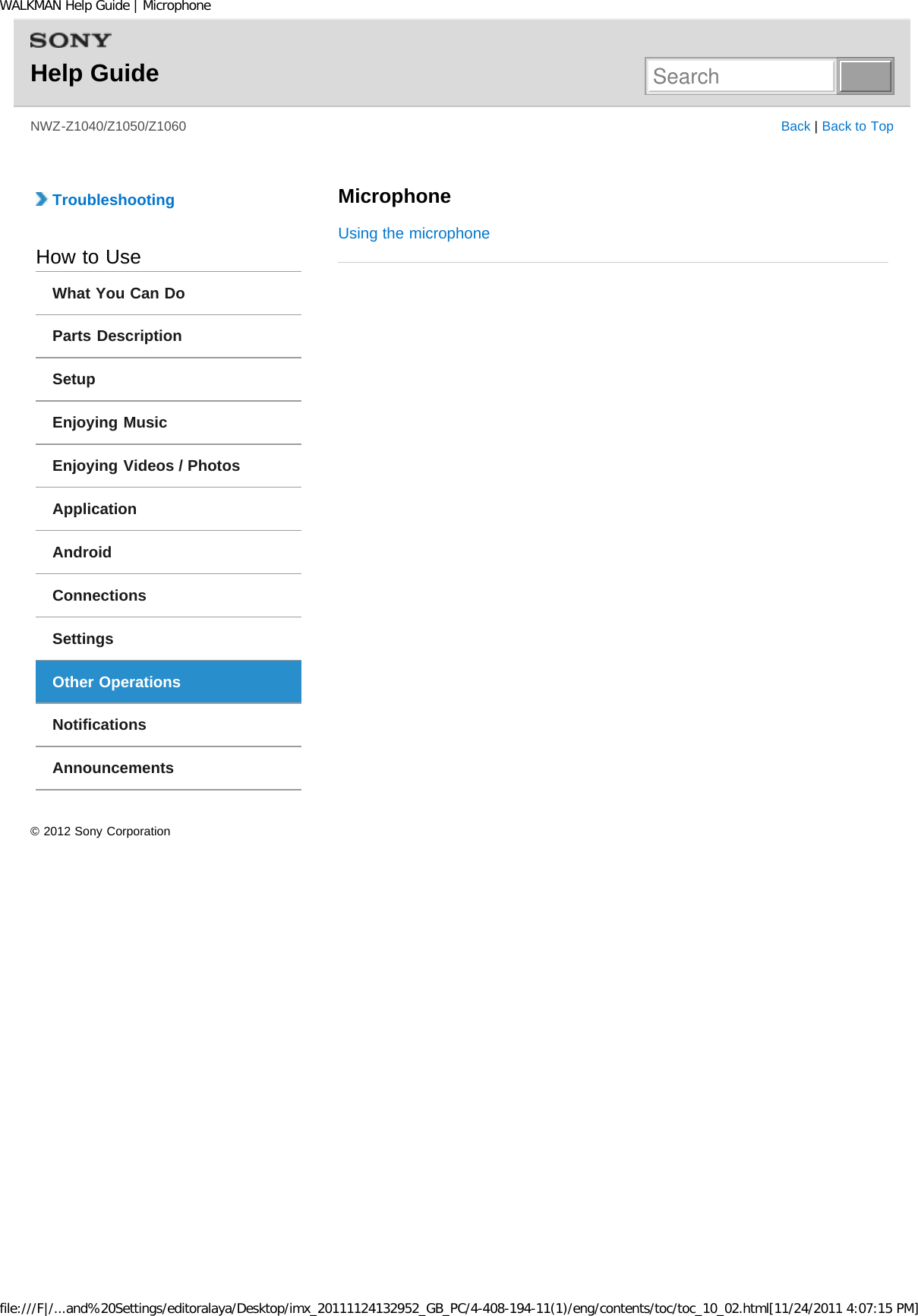 Page 89 of Sony NWZZ1000 Digital Media Player User Manual WALKMAN Help Guide   Top page