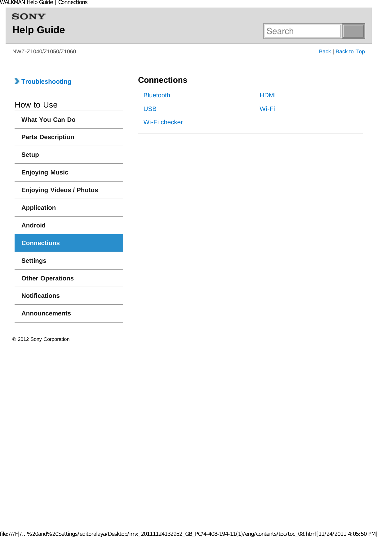 Page 9 of Sony NWZZ1000 Digital Media Player User Manual WALKMAN Help Guide   Top page