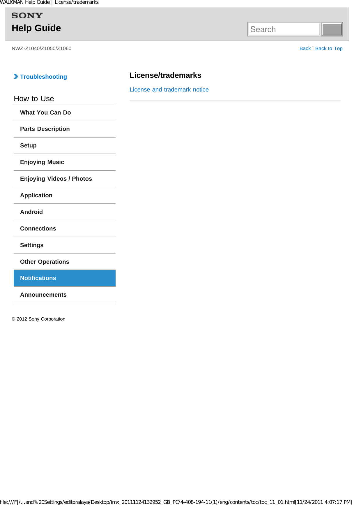 Page 91 of Sony NWZZ1000 Digital Media Player User Manual WALKMAN Help Guide   Top page