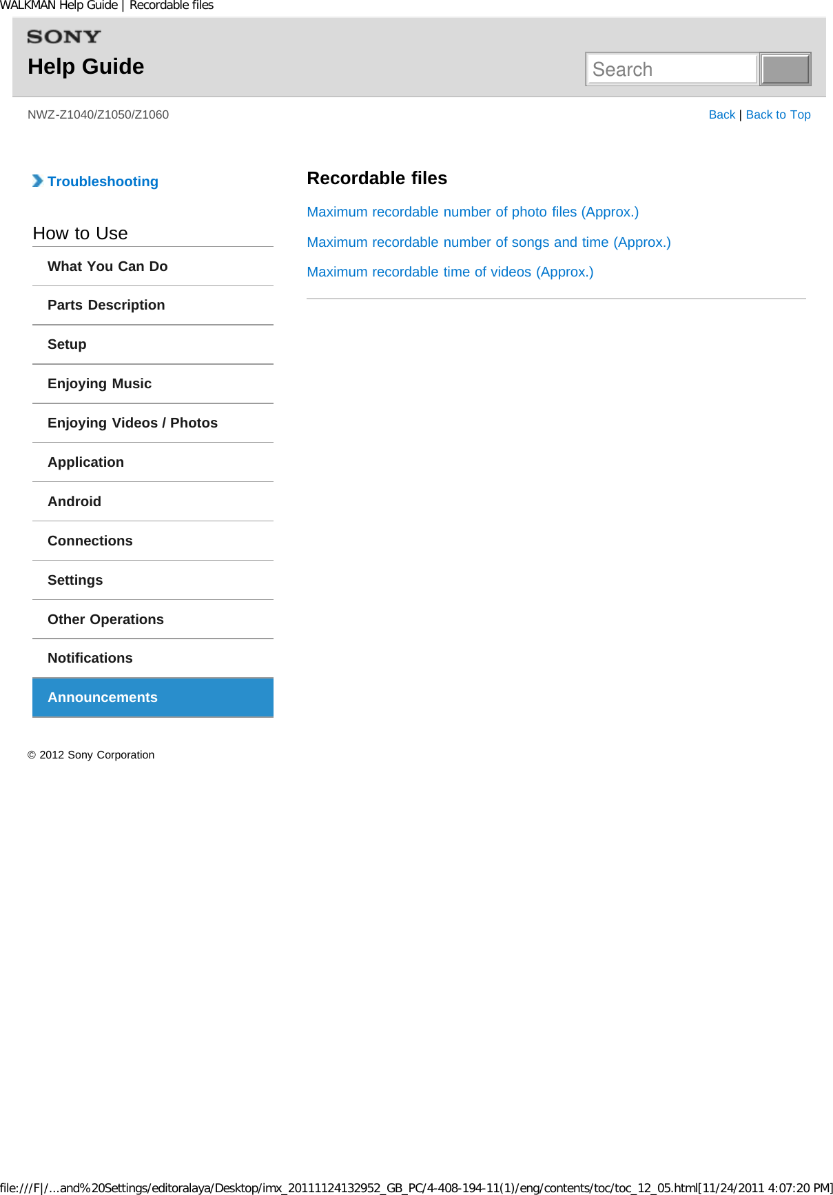 Page 94 of Sony NWZZ1000 Digital Media Player User Manual WALKMAN Help Guide   Top page