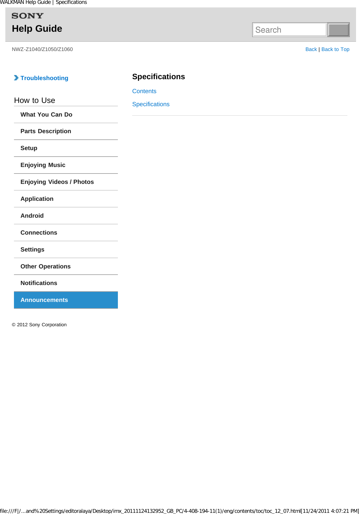 Page 95 of Sony NWZZ1000 Digital Media Player User Manual WALKMAN Help Guide   Top page