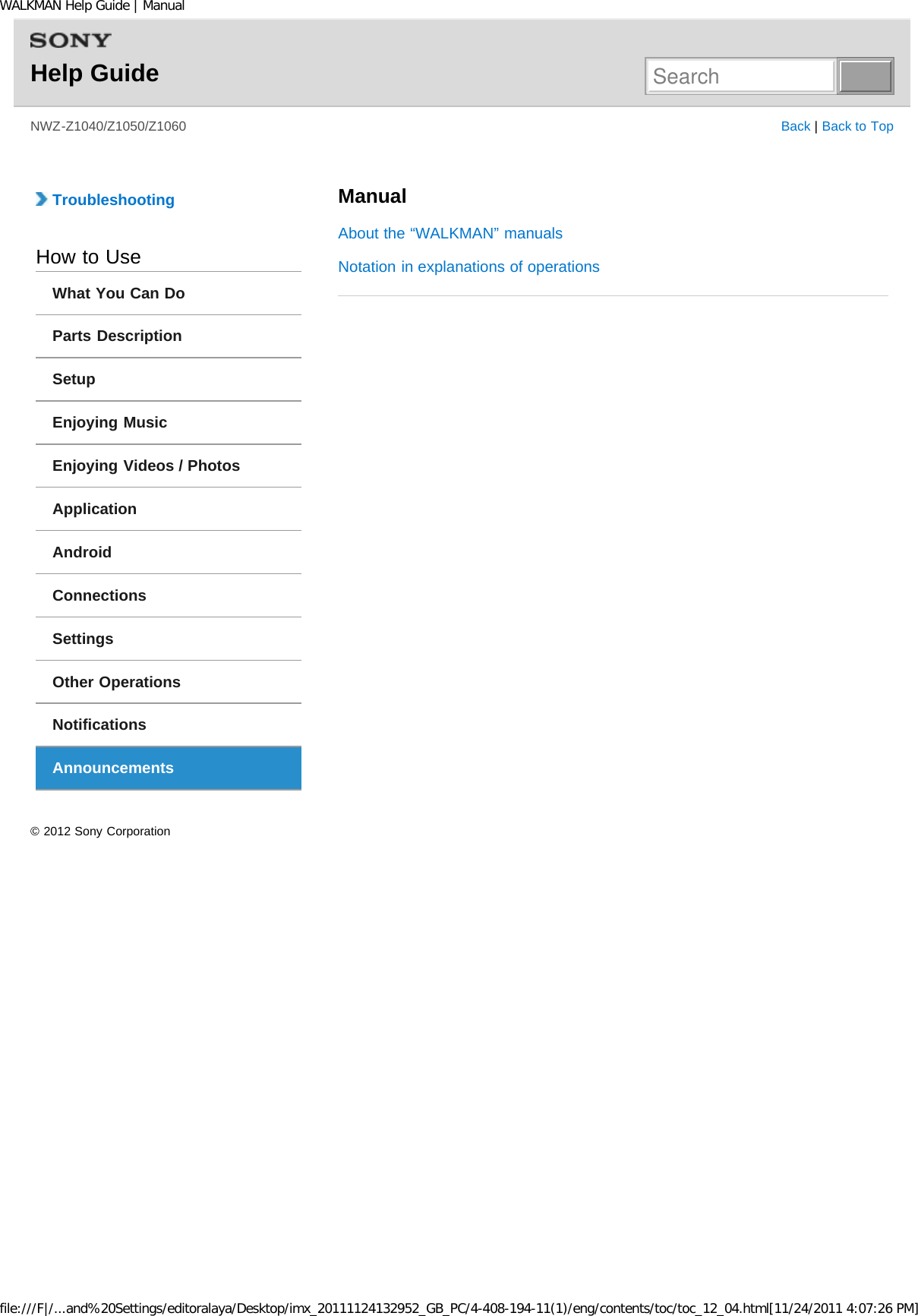 Page 99 of Sony NWZZ1000 Digital Media Player User Manual WALKMAN Help Guide   Top page