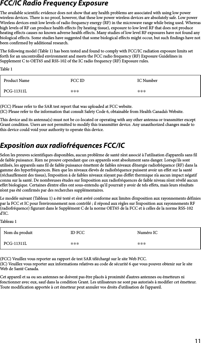 11FCC/IC Radio Frequency ExposureThe available scientific evidence does not show that any health problems are associated with using low power wireless devices. There is no proof, however, that these low power wireless devices are absolutely safe. Low power Wireless devices emit low levels of radio frequency energy (RF) in the microwave range while being used. Whereas high levels of RF can produce health effects (by heating tissue), exposure to low level RF that does not produce heating effects causes no known adverse health effects. Many studies of low level RF exposures have not found any biological effects. Some studies have suggested that some biological effects might occur, but such findings have not been confirmed by additional research.The following model (Table 1) has been tested and found to comply with FCC/IC radiation exposure limits set forth for an uncontrolled environment and meets the FCC radio frequency (RF) Exposure Guidelines in Supplement C to OET65 and RSS-102 of the IC radio frequency (RF) Exposure rules.Table 1Product Name FCC ID IC NumberPCG-11311L  (FCC) Please refer to the SAR test report that was uploaded at FCC website.(IC) Please refer to the information that consult Safety Code 6, obtainable from Health Canada’s Website.This device and its antenna(s) must not be co-located or operating with any other antenna or transmitter except Grant condition. Users are not permitted to modify this transmitter device. Any unauthorized changes made to this device could void your authority to operate this device.Exposition aux radiofréquences FCC/ICSelon les preuves scientifiques disponibles, aucun problème de santé n’est associé à l’utilisation d’appareils sans fil de faible puissance. Rien ne prouve cependant que ces appareils sont absolument sans danger. Lorsqu’ils sont utilisés, les appareils sans fil de faible puissance émettent de faibles niveaux d’énergie radiofréquence (RF) dans la gamme des hyperfréquences. Bien que les niveaux élevés de radiofréquence puissent avoir un effet sur la santé (réchauffement des tissus), l’exposition à de faibles niveaux n’ayant pas d’effet thermique n’a aucun impact négatif connu sur la santé. De nombreuses études sur l’exposition aux radiofréquences de faible niveau n’ont révélé aucun effet biologique. Certaines d’entre elles ont sous-entendu qu’il pourrait y avoir de tels effets, mais leurs résultats n’ont pas été confirmés par des recherches supplémentaires.Le modèle suivant (Tableau 1) a été testé et s’est avéré conforme aux limites d’exposition aux rayonnements définies par la FCC et IC pour l’environnement non contrôlé ; il répond aux règles sur l’exposition aux rayonnements RF (radiofréquence) figurant dans le Supplément C de la norme OET65 de la FCC et à celles de la norme RSS-102 d’IC.Tableau 1Nom du produit ID FCC Numéro ICPCG-11311L  (FCC) Veuillez vous reporter au rapport de test SAR téléchargé sur le site Web FCC.(IC) Veuillez vous reporter aux informations relatives au code de sécurité 6 que vous pouvez obtenir sur le site Web de Santé Canada.Cet appareil et sa ou ses antennes ne doivent pas être placés à proximité d’autres antennes ou émetteurs ni fonctionner avec eux, sauf dans la condition Grant. Les utilisateurs ne sont pas autorisés à modifier cet émetteur. Toute modification apportée à cet émetteur peut annuler vos droits d’utilisation de l’appareil.