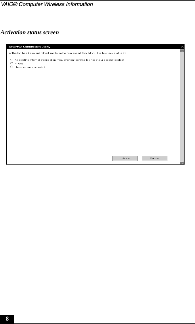 VAIO&reg; Computer Wireless Information8Activation status screen