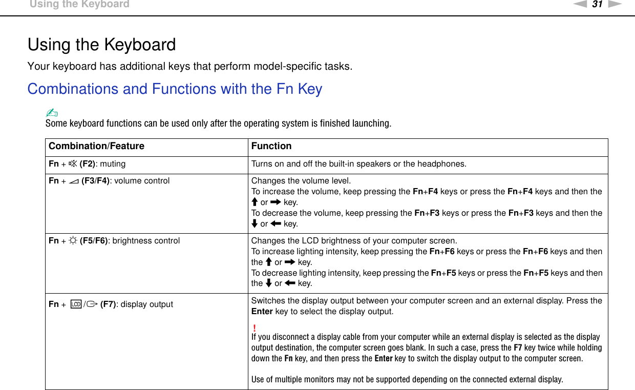 31nNUsing Your VAIO Computer &gt;Using the KeyboardUsing the KeyboardYour keyboard has additional keys that perform model-specific tasks.Combinations and Functions with the Fn Key✍Some keyboard functions can be used only after the operating system is finished launching.Combination/Feature FunctionFn + % (F2): muting Turns on and off the built-in speakers or the headphones.Fn + 2 (F3/F4): volume control Changes the volume level.To increase the volume, keep pressing the Fn+F4 keys or press the Fn+F4 keys and then the M or , key.To decrease the volume, keep pressing the Fn+F3 keys or press the Fn+F3 keys and then the m or &lt; key.Fn + 8 (F5/F6): brightness control Changes the LCD brightness of your computer screen.To increase lighting intensity, keep pressing the Fn+F6 keys or press the Fn+F6 keys and then the M or , key.To decrease lighting intensity, keep pressing the Fn+F5 keys or press the Fn+F5 keys and then the m or &lt; key.Fn +  /T (F7): display output Switches the display output between your computer screen and an external display. Press the Enter key to select the display output.!If you disconnect a display cable from your computer while an external display is selected as the display output destination, the computer screen goes blank. In such a case, press the F7 key twice while holding down the Fn key, and then press the Enter key to switch the display output to the computer screen.Use of multiple monitors may not be supported depending on the connected external display.