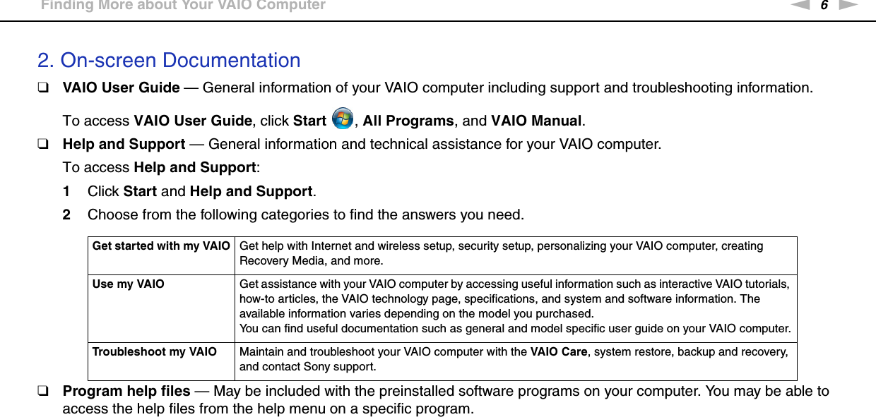 6nNBefore Use &gt;Finding More about Your VAIO Computer2. On-screen Documentation❑VAIO User Guide — General information of your VAIO computer including support and troubleshooting information.To access VAIO User Guide, click Start  , All Programs, and VAIO Manual.❑Help and Support — General information and technical assistance for your VAIO computer.To access Help and Support:1Click Start and Help and Support.2Choose from the following categories to find the answers you need.❑Program help files — May be included with the preinstalled software programs on your computer. You may be able to access the help files from the help menu on a specific program.Get started with my VAIO Get help with Internet and wireless setup, security setup, personalizing your VAIO computer, creating Recovery Media, and more.Use my VAIO Get assistance with your VAIO computer by accessing useful information such as interactive VAIO tutorials, how-to articles, the VAIO technology page, specifications, and system and software information. The available information varies depending on the model you purchased.You can find useful documentation such as general and model specific user guide on your VAIO computer.Troubleshoot my VAIO Maintain and troubleshoot your VAIO computer with the VAIO Care, system restore, backup and recovery, and contact Sony support.