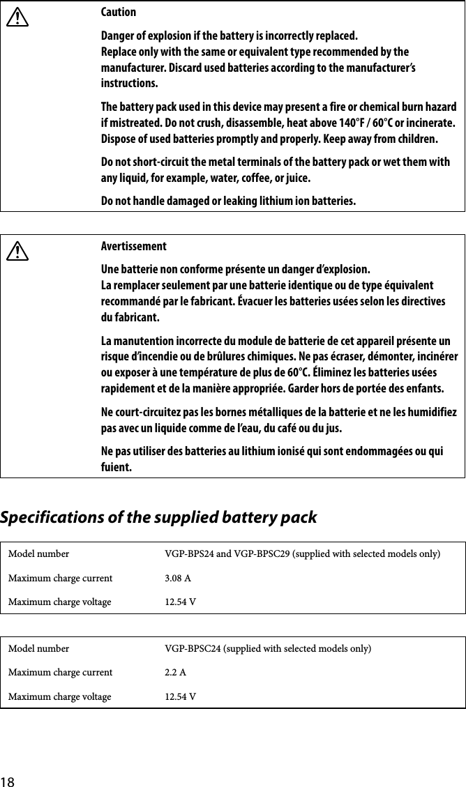 18CautionDanger of explosion if the battery is incorrectly replaced.Replace only with the same or equivalent type recommended by the manufacturer. Discard used batteries according to the manufacturer’s instructions.The battery pack used in this device may present a fire or chemical burn hazard if mistreated. Do not crush, disassemble, heat above 140°F / 60°C or incinerate. Dispose of used batteries promptly and properly. Keep away from children.Do not short-circuit the metal terminals of the battery pack or wet them with any liquid, for example, water, coffee, or juice.Do not handle damaged or leaking lithium ion batteries.AvertissementUne batterie non conforme présente un danger d’explosion.La remplacer seulement par une batterie identique ou de type équivalent recommandé par le fabricant. Évacuer les batteries usées selon les directives du fabricant.La manutention incorrecte du module de batterie de cet appareil présente un risque d’incendie ou de brûlures chimiques. Ne pas écraser, démonter, incinérer ou exposer à une température de plus de 60°C. Éliminez les batteries usées rapidement et de la manière appropriée. Garder hors de portée des enfants.Ne court-circuitez pas les bornes métalliques de la batterie et ne les humidifiez pas avec un liquide comme de l’eau, du café ou du jus.Ne pas utiliser des batteries au lithium ionisé qui sont endommagées ou qui fuient.Specifications of the supplied battery packModel number VGP-BPS24 and VGP-BPSC29 (supplied with selected models only)Maximum charge current 3.08 AMaximum charge voltage 12.54 VModel number VGP-BPSC24 (supplied with selected models only)Maximum charge current 2.2 AMaximum charge voltage 12.54 V