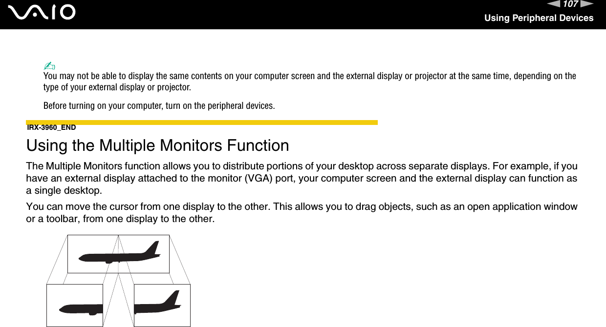 107nNUsing Peripheral Devices✍You may not be able to display the same contents on your computer screen and the external display or projector at the same time, depending on the type of your external display or projector.Before turning on your computer, turn on the peripheral devices.IRX-3960_END Using the Multiple Monitors FunctionThe Multiple Monitors function allows you to distribute portions of your desktop across separate displays. For example, if you have an external display attached to the monitor (VGA) port, your computer screen and the external display can function as a single desktop.You can move the cursor from one display to the other. This allows you to drag objects, such as an open application window or a toolbar, from one display to the other.