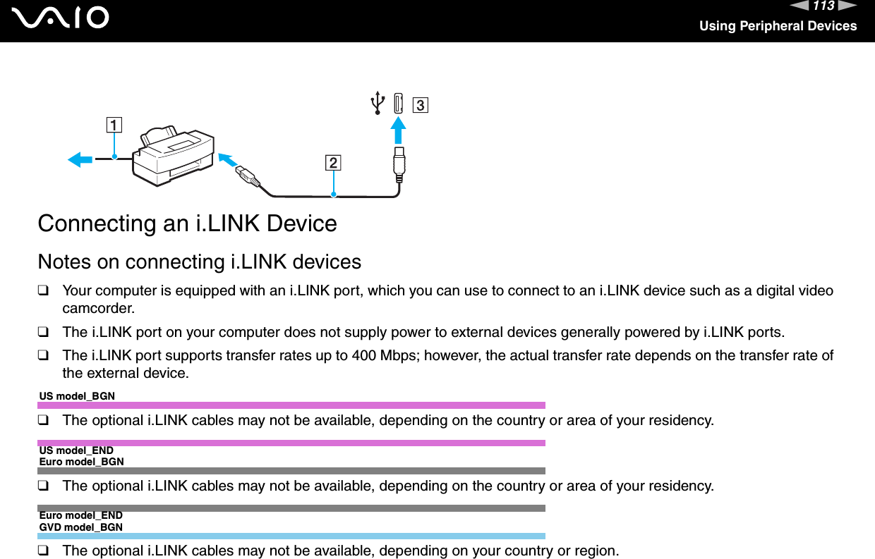 113nNUsing Peripheral Devices  Connecting an i.LINK DeviceNotes on connecting i.LINK devices❑Your computer is equipped with an i.LINK port, which you can use to connect to an i.LINK device such as a digital video camcorder.❑The i.LINK port on your computer does not supply power to external devices generally powered by i.LINK ports.❑The i.LINK port supports transfer rates up to 400 Mbps; however, the actual transfer rate depends on the transfer rate of the external device.US model_BGN❑The optional i.LINK cables may not be available, depending on the country or area of your residency.US model_ENDEuro model_BGN❑The optional i.LINK cables may not be available, depending on the country or area of your residency.Euro model_ENDGVD model_BGN❑The optional i.LINK cables may not be available, depending on your country or region.