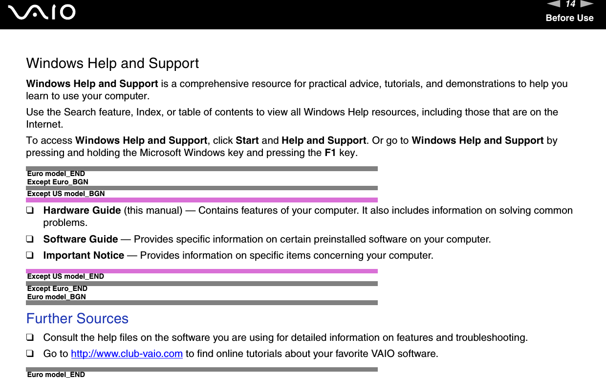 14nNBefore UseWindows Help and SupportWindows Help and Support is a comprehensive resource for practical advice, tutorials, and demonstrations to help you learn to use your computer.Use the Search feature, Index, or table of contents to view all Windows Help resources, including those that are on the Internet.To access Windows Help and Support, click Start and Help and Support. Or go to Windows Help and Support by pressing and holding the Microsoft Windows key and pressing the F1 key.Euro model_ENDExcept Euro_BGNExcept US model_BGN❑Hardware Guide (this manual) — Contains features of your computer. It also includes information on solving common problems.❑Software Guide — Provides specific information on certain preinstalled software on your computer.❑Important Notice — Provides information on specific items concerning your computer.Except US model_ENDExcept Euro_END Euro model_BGNFurther Sources❑Consult the help files on the software you are using for detailed information on features and troubleshooting.❑Go to http://www.club-vaio.com to find online tutorials about your favorite VAIO software. Euro model_END 