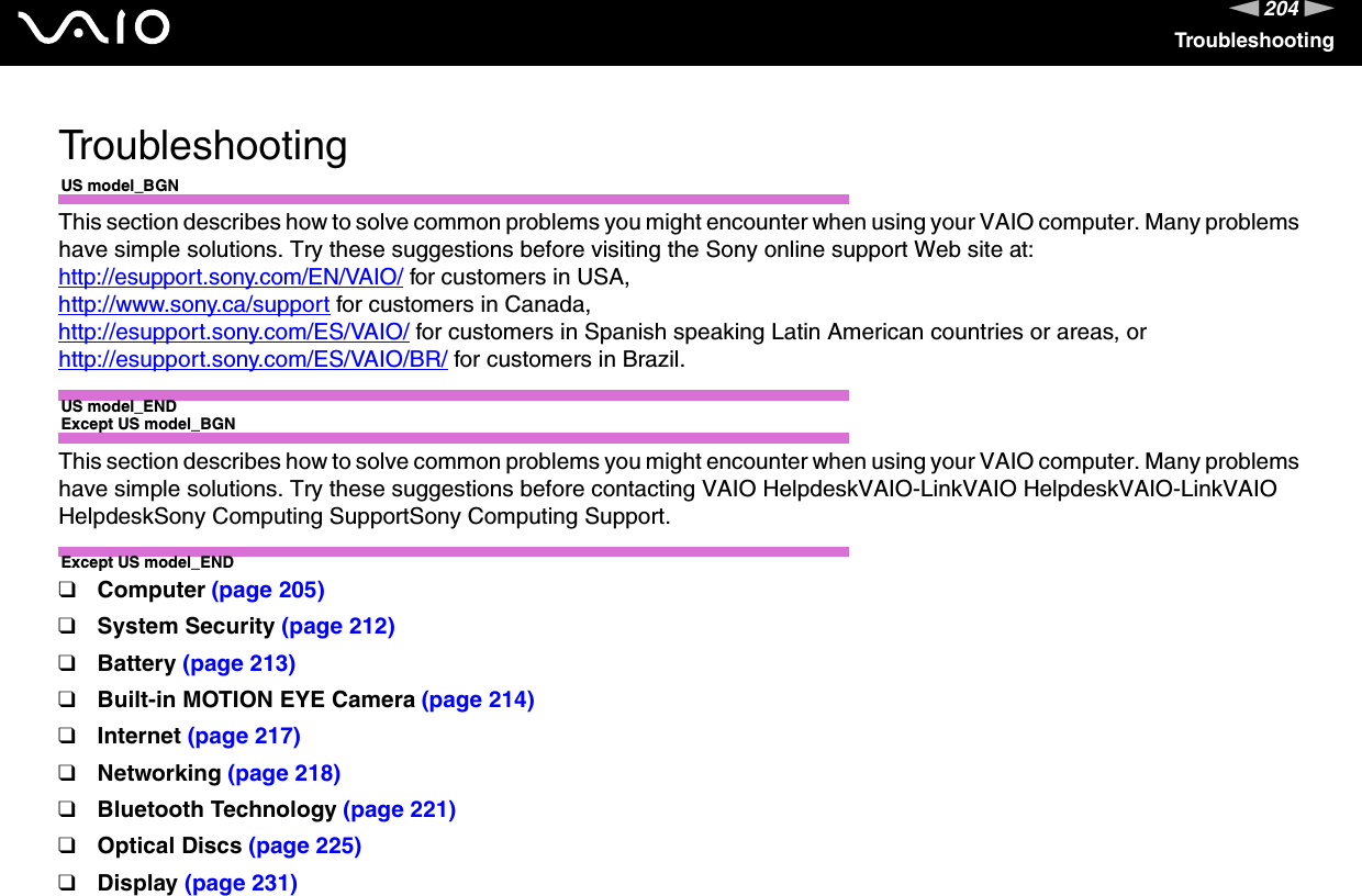 204nNTroubleshootingTroubleshootingUS model_BGNThis section describes how to solve common problems you might encounter when using your VAIO computer. Many problems have simple solutions. Try these suggestions before visiting the Sony online support Web site at: http://esupport.sony.com/EN/VAIO/ for customers in USA, http://www.sony.ca/support for customers in Canada, http://esupport.sony.com/ES/VAIO/ for customers in Spanish speaking Latin American countries or areas, orhttp://esupport.sony.com/ES/VAIO/BR/ for customers in Brazil.US model_ENDExcept US model_BGNThis section describes how to solve common problems you might encounter when using your VAIO computer. Many problems have simple solutions. Try these suggestions before contacting VAIO HelpdeskVAIO-LinkVAIO HelpdeskVAIO-LinkVAIO HelpdeskSony Computing SupportSony Computing Support.Except US model_END❑Computer (page 205)❑System Security (page 212)❑Battery (page 213)❑Built-in MOTION EYE Camera (page 214)❑Internet (page 217)❑Networking (page 218)❑Bluetooth Technology (page 221)❑Optical Discs (page 225)❑Display (page 231)