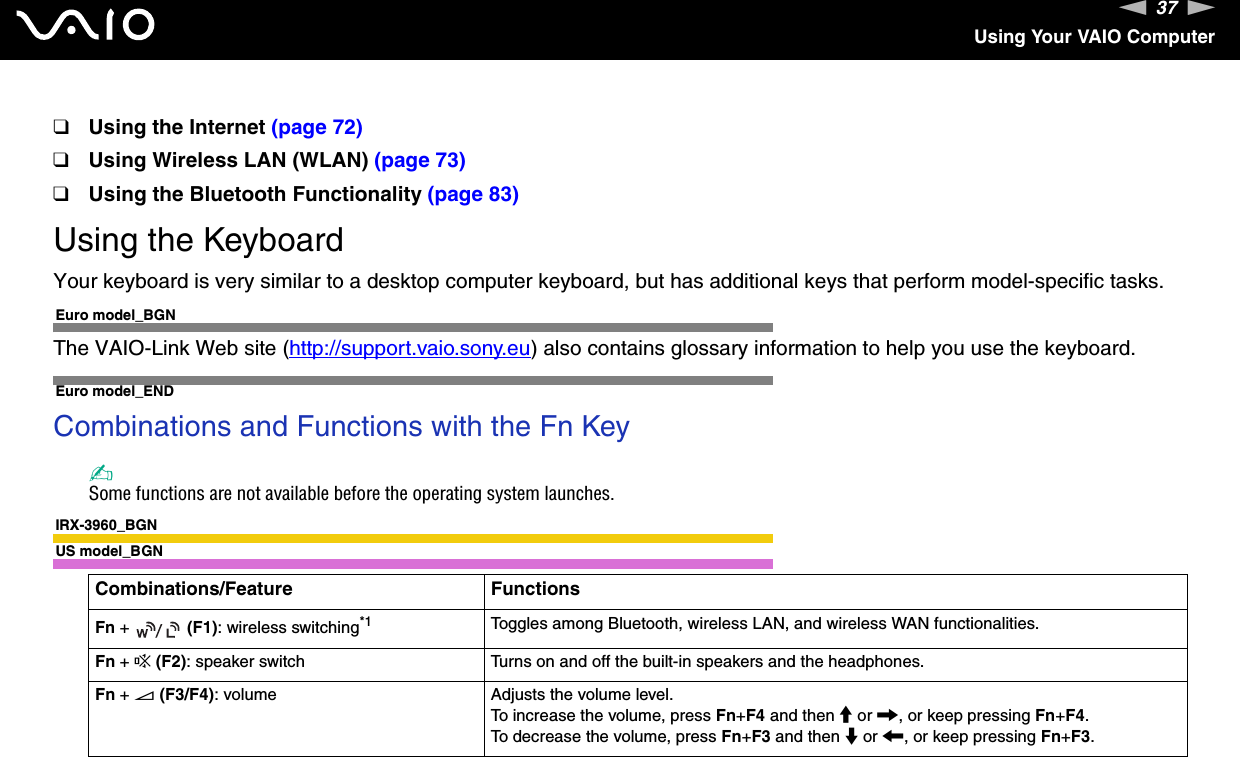 37nNUsing Your VAIO Computer❑Using the Internet (page 72)❑Using Wireless LAN (WLAN) (page 73)❑Using the Bluetooth Functionality (page 83)Using the KeyboardYour keyboard is very similar to a desktop computer keyboard, but has additional keys that perform model-specific tasks.Euro model_BGNThe VAIO-Link Web site (http://support.vaio.sony.eu) also contains glossary information to help you use the keyboard.Euro model_ENDCombinations and Functions with the Fn Key✍Some functions are not available before the operating system launches.IRX-3960_BGNUS model_BGNCombinations/Feature FunctionsFn +   (F1): wireless switching*1 Toggles among Bluetooth, wireless LAN, and wireless WAN functionalities.Fn + % (F2): speaker switch Turns on and off the built-in speakers and the headphones.Fn + 2 (F3/F4): volume Adjusts the volume level.To increase the volume, press Fn+F4 and then M or ,, or keep pressing Fn+F4.To decrease the volume, press Fn+F3 and then m or &lt;, or keep pressing Fn+F3.