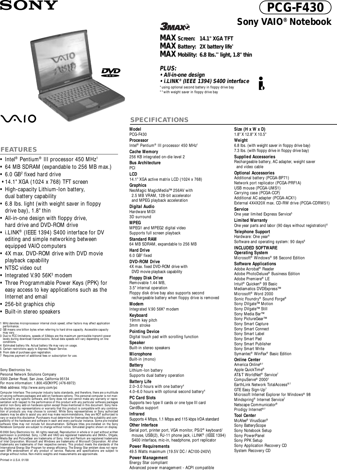 Page 1 of 1 - Sony PCG-F430 NB Spec Sheets With Outlines User Manual Marketing Specifications PCGF430 Mksp
