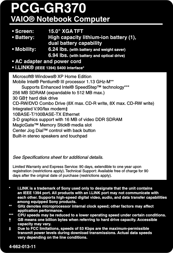 Page 1 of 1 - Sony PCG-GR370 4-662-008-11 User Manual Label PCGGR370label