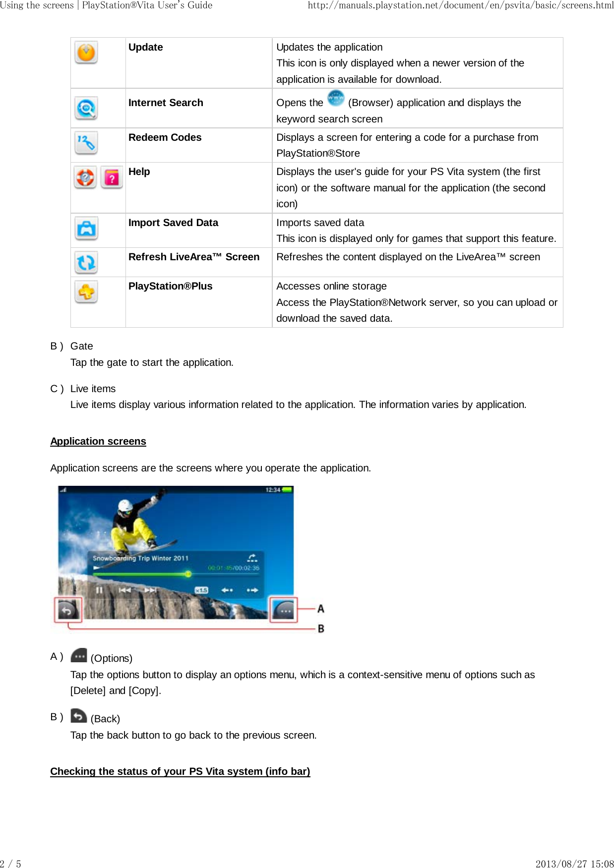 B )C )A )B )Update Updates the applicationThis icon is only displayed when a newer version of theapplication is available for download.Internet Search Opens the   (Browser) application and displays thekeyword search screenRedeem Codes Displays a screen for entering a code for a purchase fromPlayStation®StoreHelp Displays the user&apos;s guide for your PS Vita system (the firsticon) or the software manual for the application (the secondicon)Import Saved Data Imports saved dataThis icon is displayed only for games that support this feature.Refresh LiveArea™ Screen Refreshes the content displayed on the LiveArea™ screenPlayStation®Plus Accesses online storageAccess the PlayStation®Network server, so you can upload ordownload the saved data.GateTap the gate to start the application.Live itemsLive items display various information related to the application. The information varies by application.Application screensApplication screens are the screens where you operate the application. (Options)Tap the options button to display an options menu, which is a context-sensitive menu of options such as[Delete] and [Copy]. (Back)Tap the back button to go back to the previous screen.Checking the status of your PS Vita system (info bar)Using the screens | PlayStation®Vita User&apos;s Guide http://manuals.playstation.net/document/en/psvita/basic/screens.html2 / 5 2013/08/27 15:08