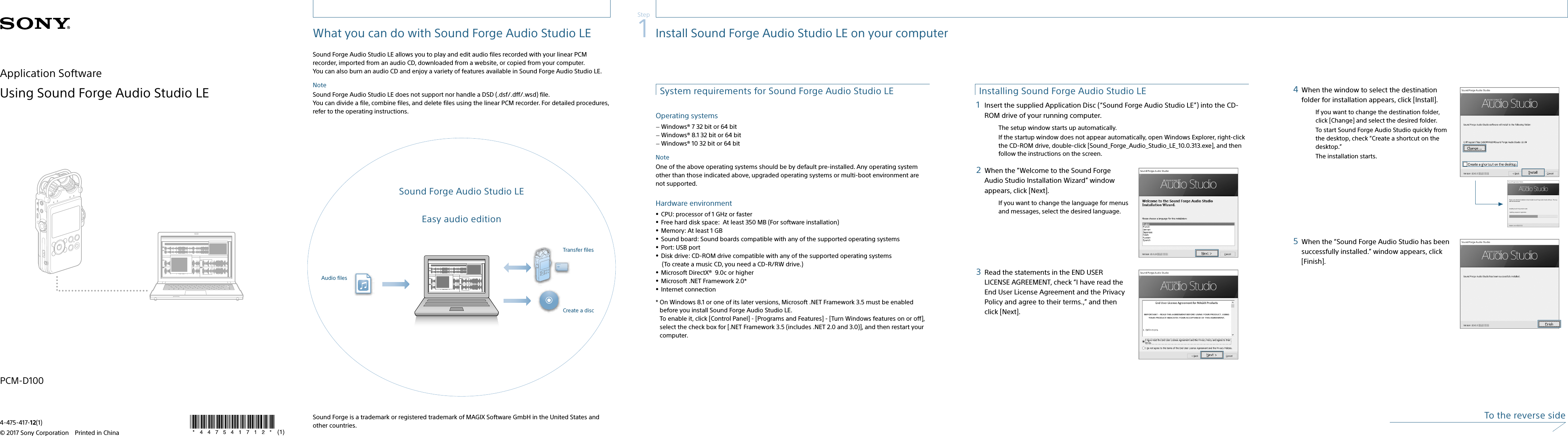 Page 1 of 2 - Sony PCM-D100 User Manual Using Sound Forge Audio Studio LE QSG 4475417121