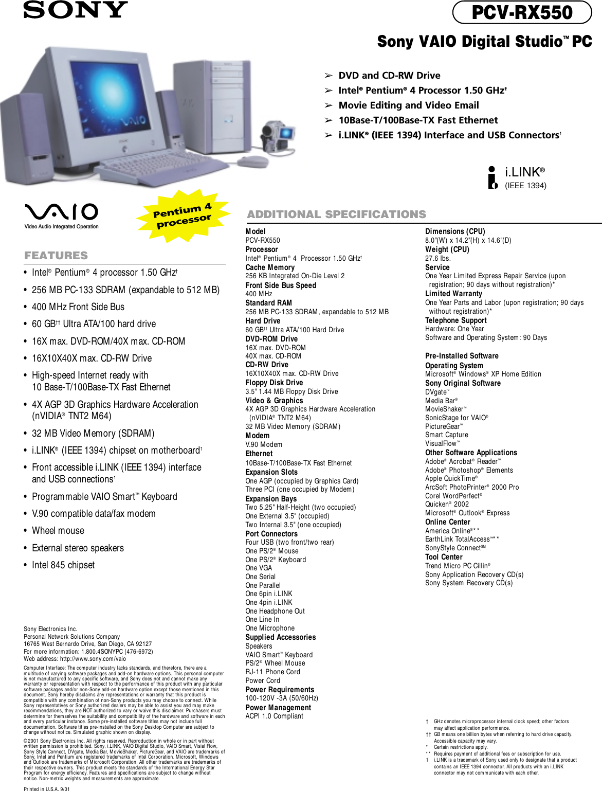Page 1 of 1 - Sony PCV-RX550 User Manual Marketing Specifications PCVRX550 Mksp