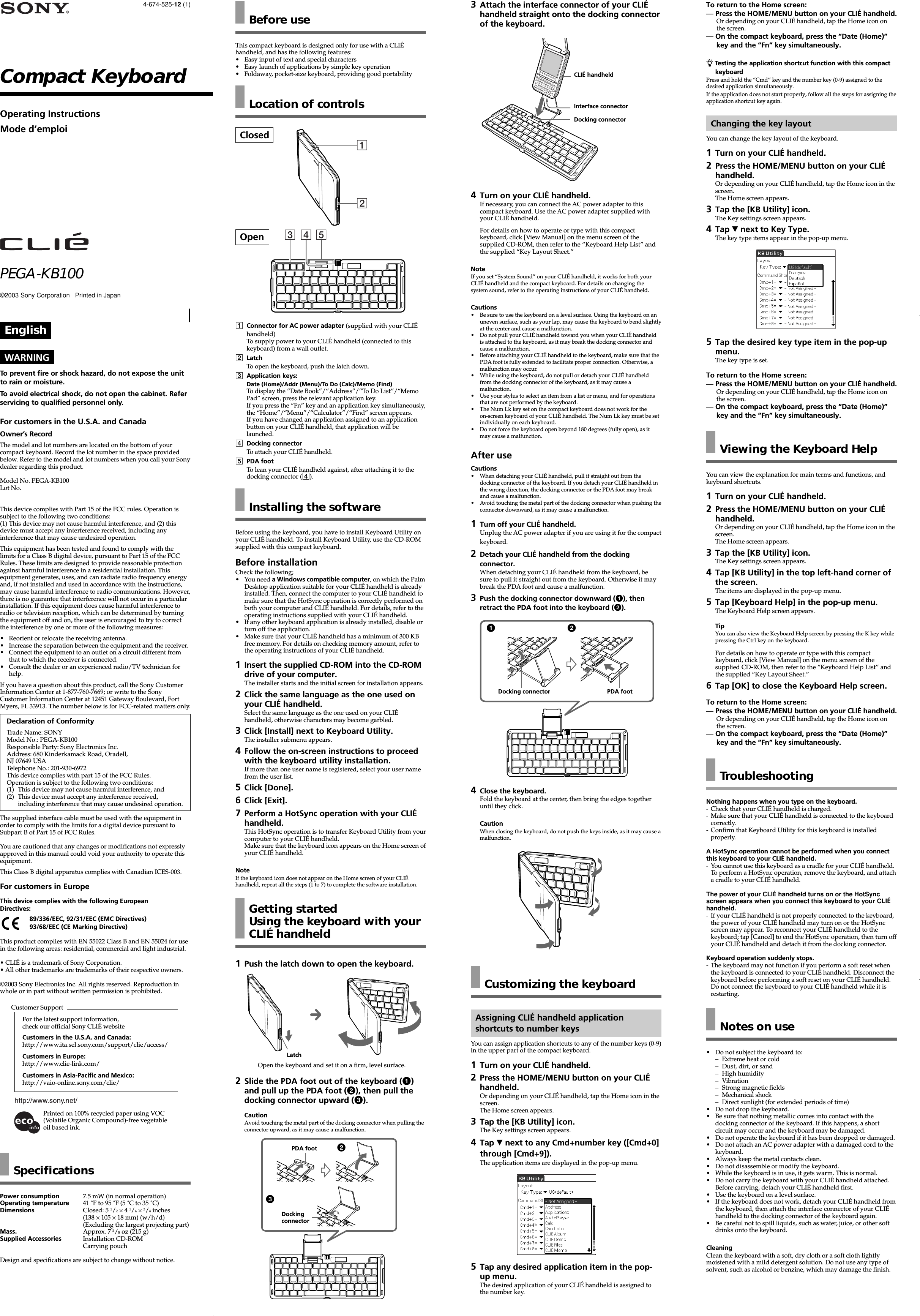 Page 1 of 2 - Sony PEGA-KB100 User Manual Operating Instructions PEGAKB100