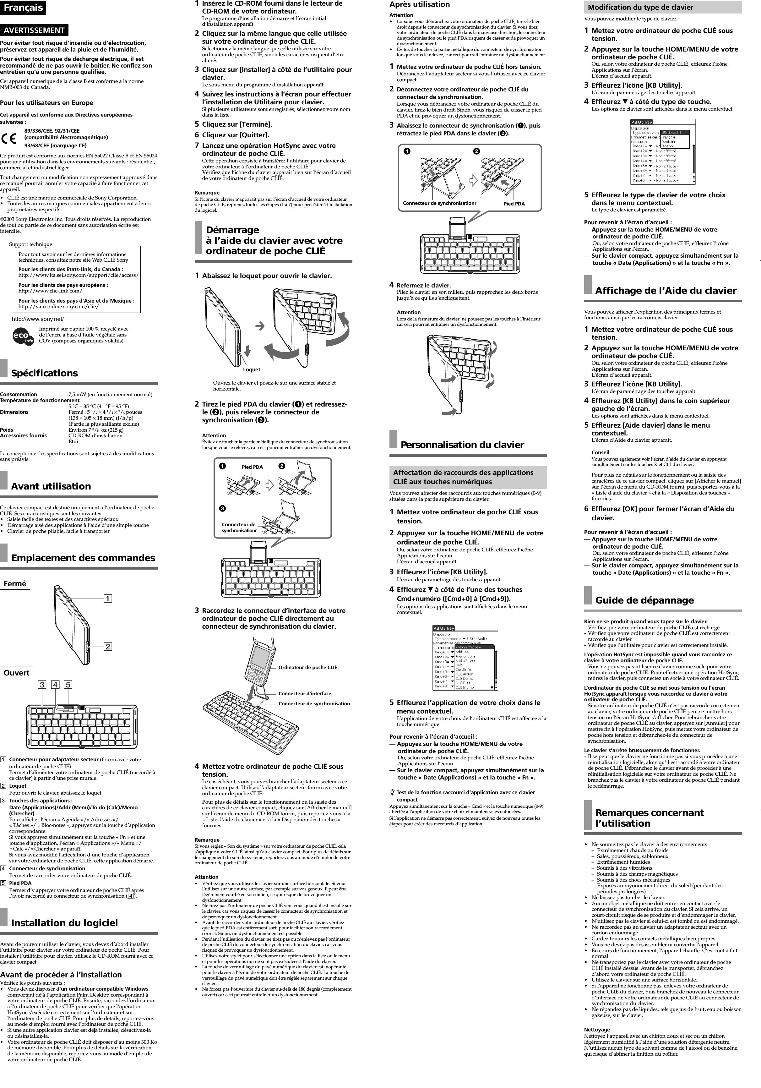 Page 2 of 2 - Sony PEGA-KB100 User Manual Operating Instructions PEGAKB100