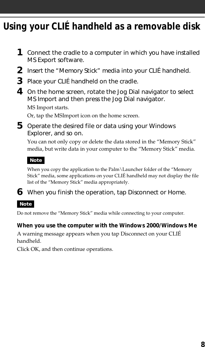 Page 8 of 9 - Sony PEG-T615C MS Import/Export User Manual Import/MS Export V1.1 Operating Instructions PEGT615C