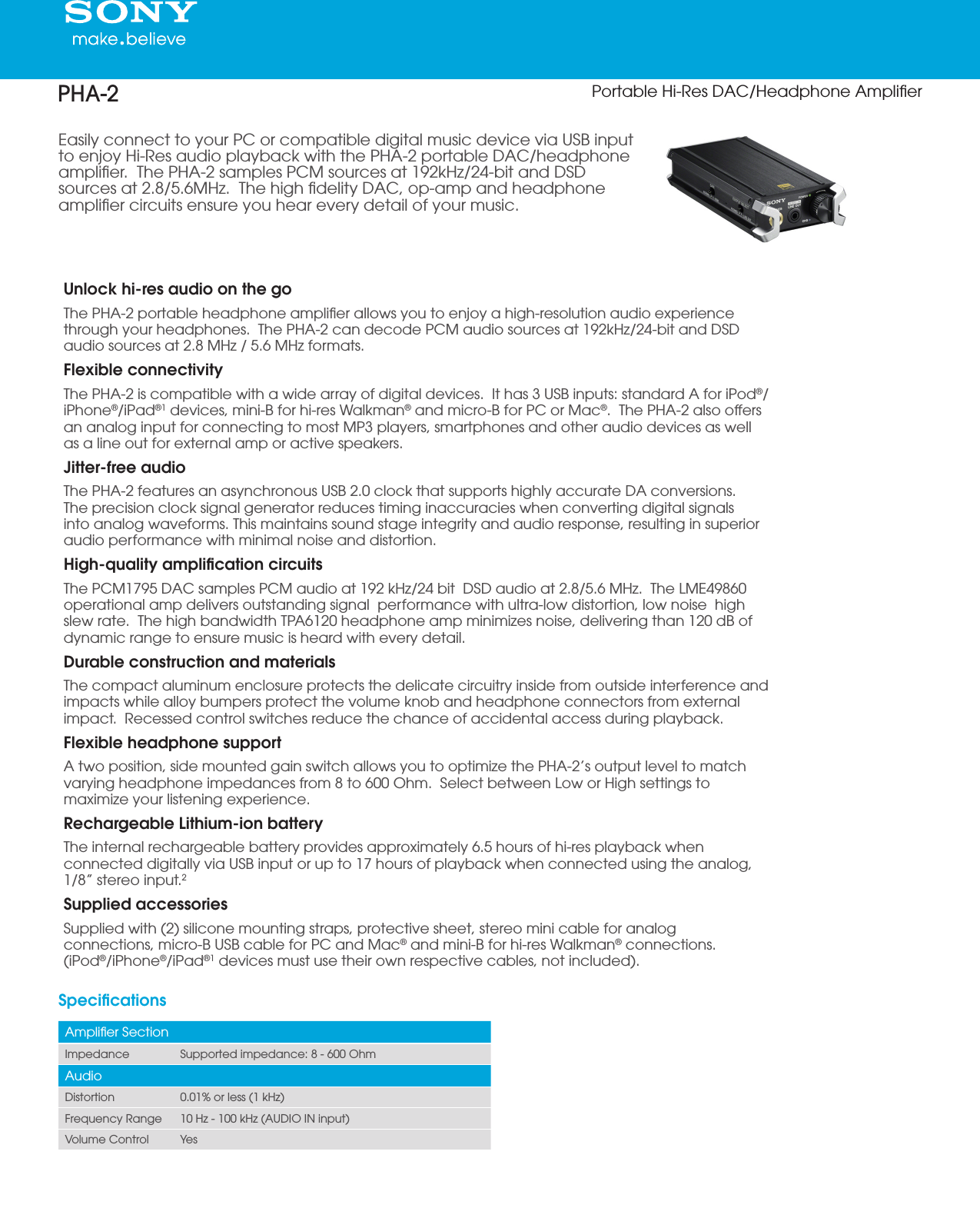 Sony PHA 2 User Manual Marketing Specifications PHA2 Mksp