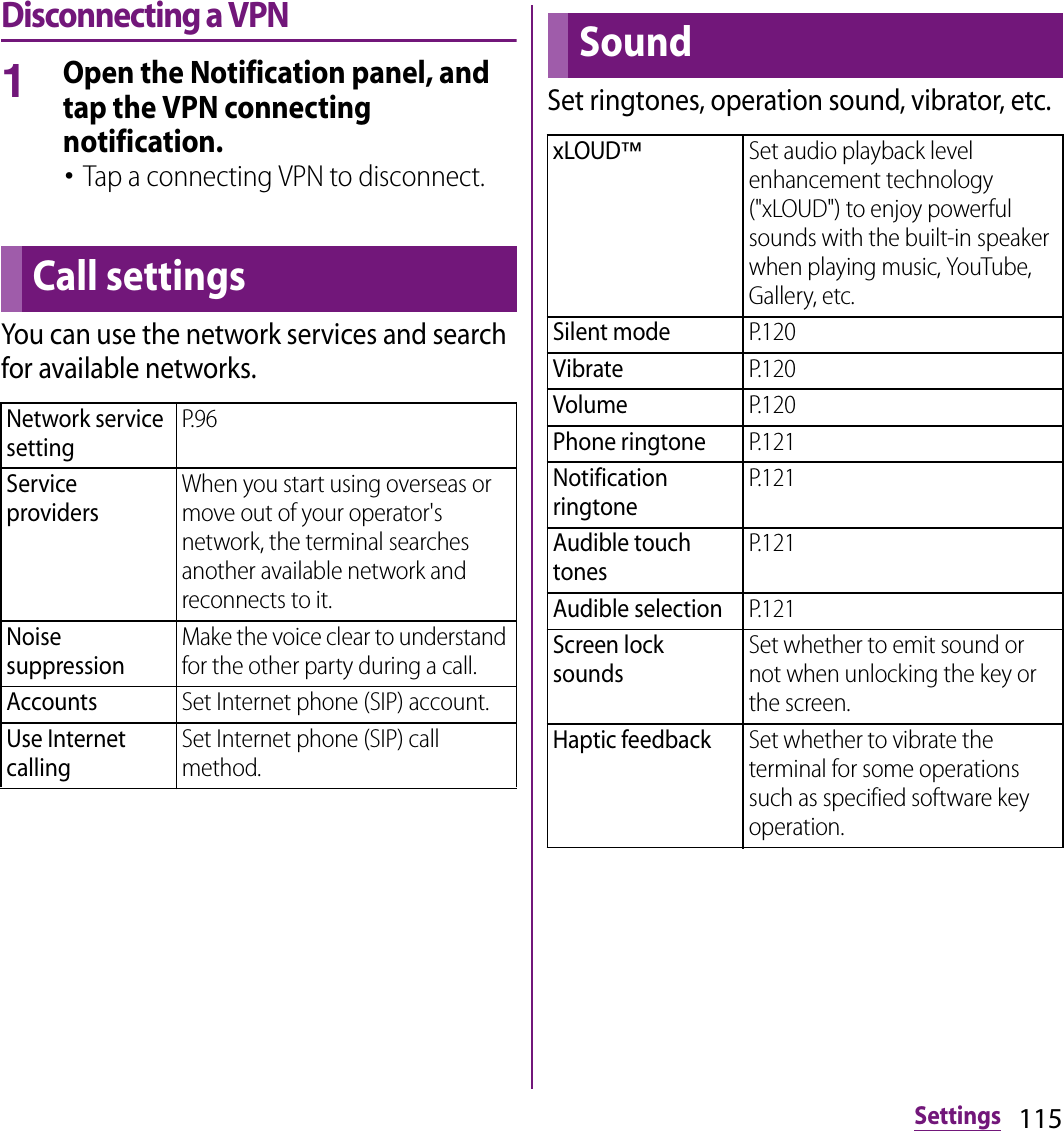 115SettingsDisconnecting a VPN1Open the Notification panel, and tap the VPN connecting notification.･Tap a connecting VPN to disconnect.You can use the network services and search for available networks.Set ringtones, operation sound, vibrator, etc.Call settingsNetwork service settingP.96Service providersWhen you start using overseas or move out of your operator&apos;s network, the terminal searches another available network and reconnects to it.Noise suppressionMake the voice clear to understand for the other party during a call.AccountsSet Internet phone (SIP) account.Use Internet callingSet Internet phone (SIP) call method.SoundxLOUD™Set audio playback level enhancement technology (&quot;xLOUD&quot;) to enjoy powerful sounds with the built-in speaker when playing music, YouTube, Gallery, etc.Silent modeP.120VibrateP.120VolumeP.120Phone ringtoneP.121Notification ringtoneP.121Audible touch tonesP.121Audible selectionP.121Screen lock soundsSet whether to emit sound or not when unlocking the key or the screen.Haptic feedbackSet whether to vibrate the terminal for some operations such as specified software key operation.